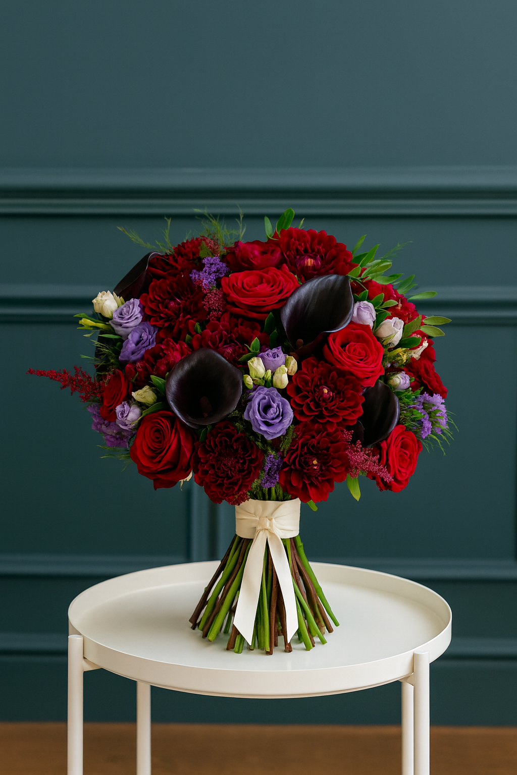 Midnight Romance – Black Calla Lily, Red Roses & Purple Lisianthus Bouquet