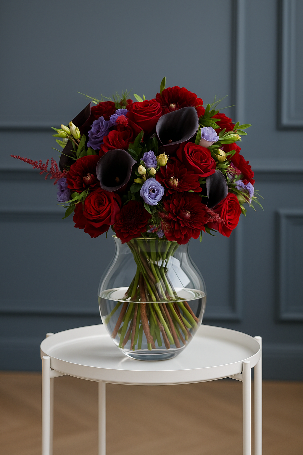 Midnight Romance – Black Calla Lily, Red Roses & Purple Lisianthus Bouquet