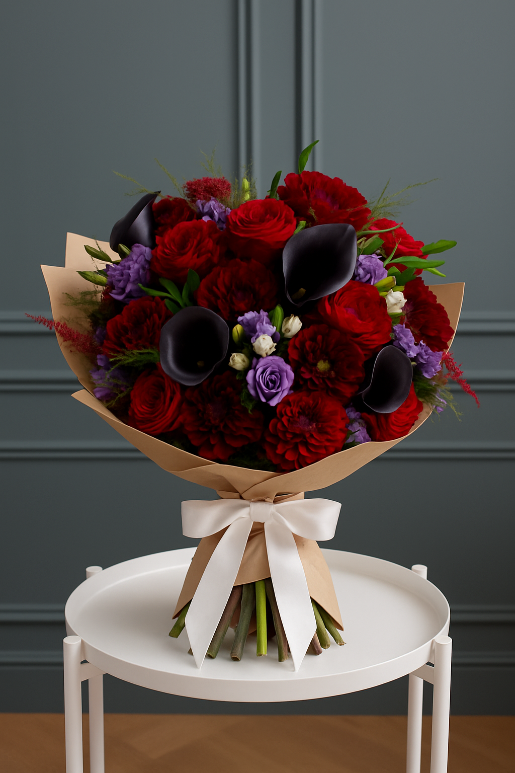 Midnight Romance – Black Calla Lily, Red Roses & Purple Lisianthus Bouquet
