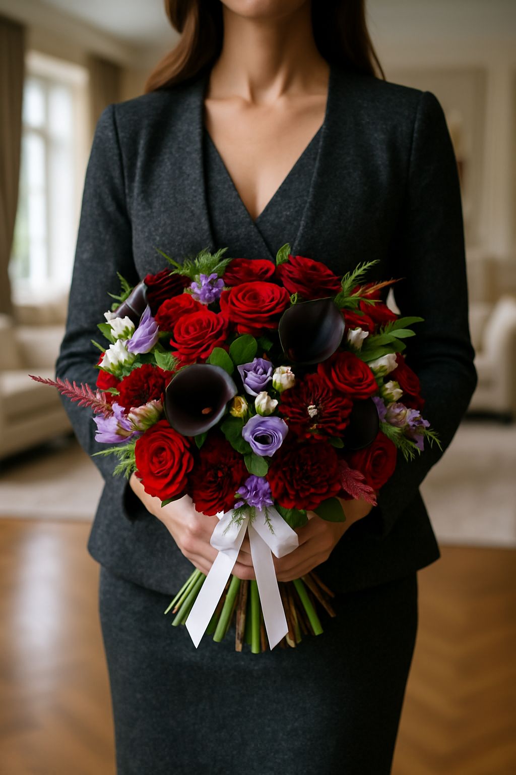 Midnight Romance – Black Calla Lily, Red Roses & Purple Lisianthus Bouquet