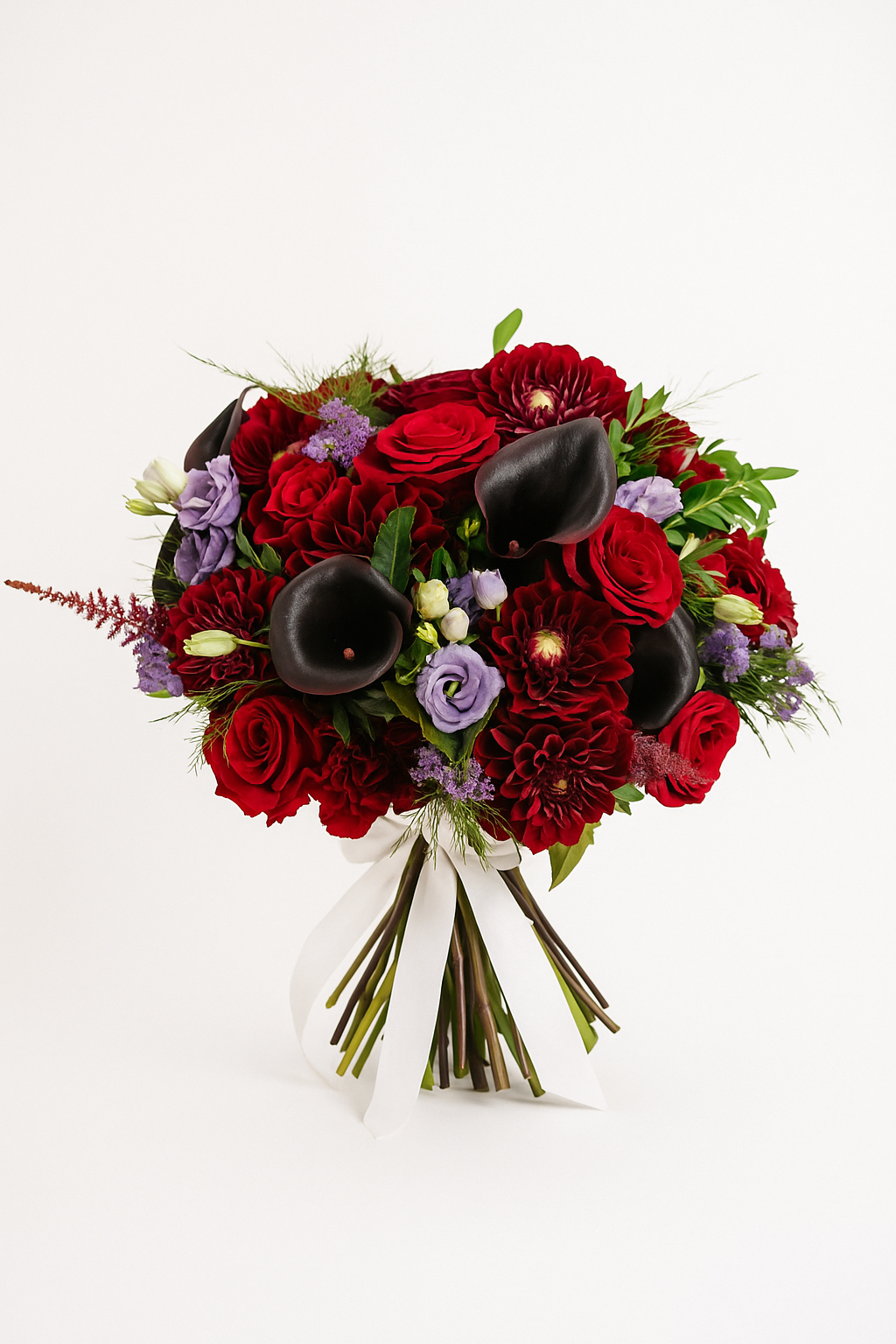 Midnight Romance – Black Calla Lily, Red Roses & Purple Lisianthus Bouquet