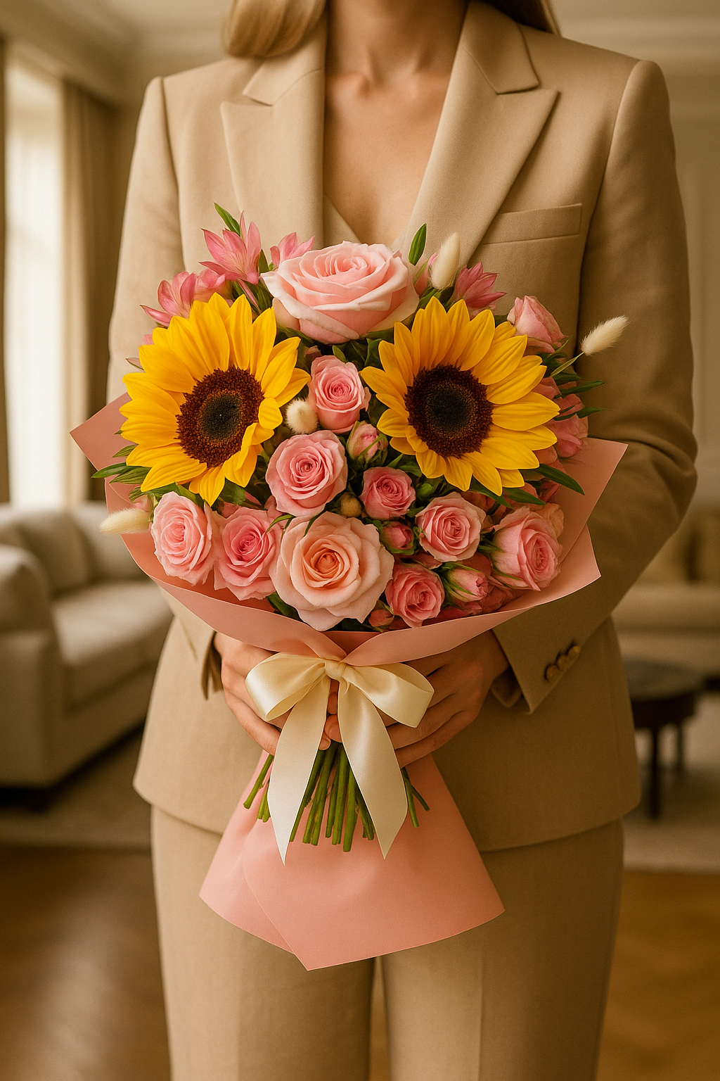 Loving Summer – Sunflower & Pink Rose Bouquet