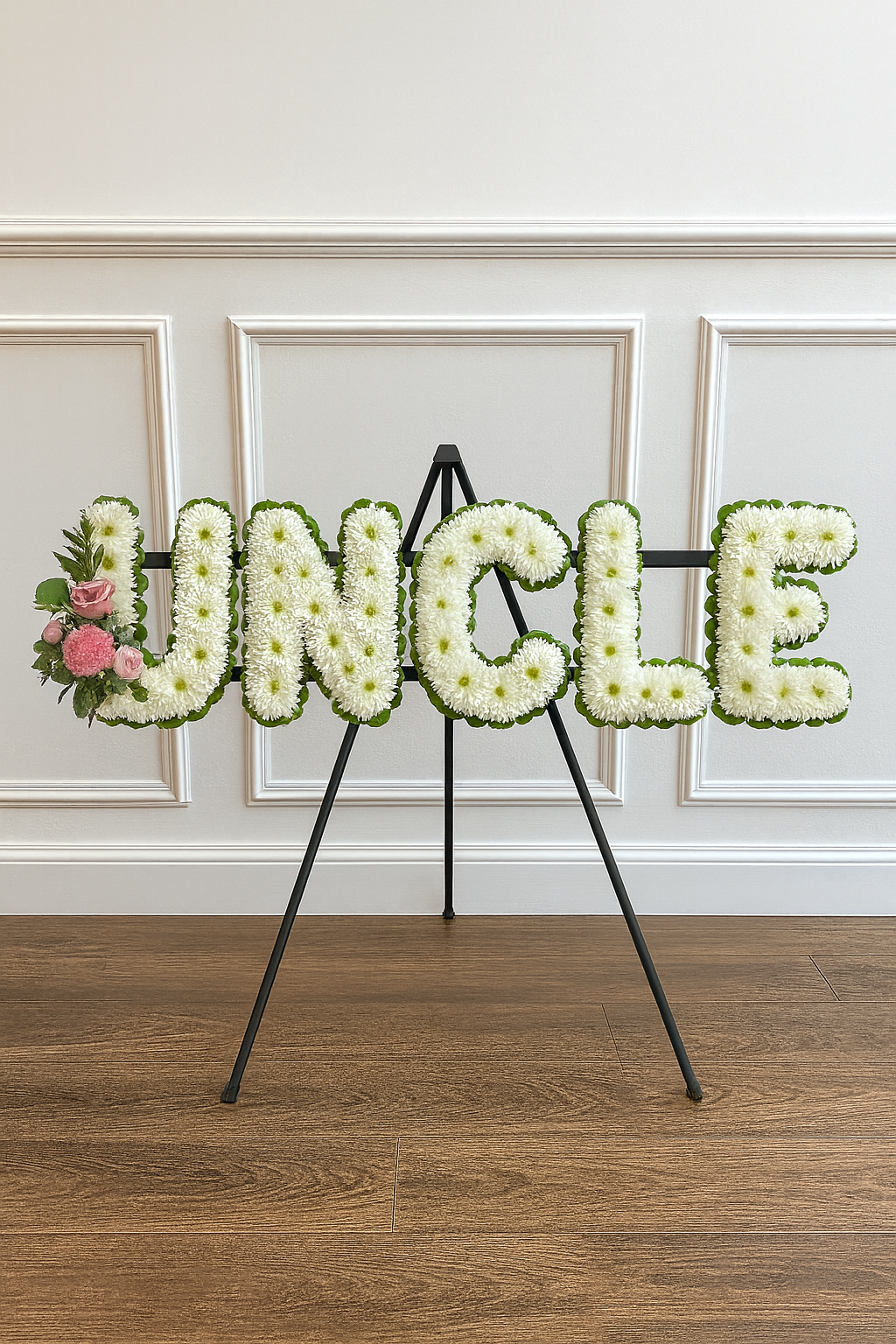 UNCLE Funeral Flower Tribute – White Chrysanthemum Letters with Pink Accent