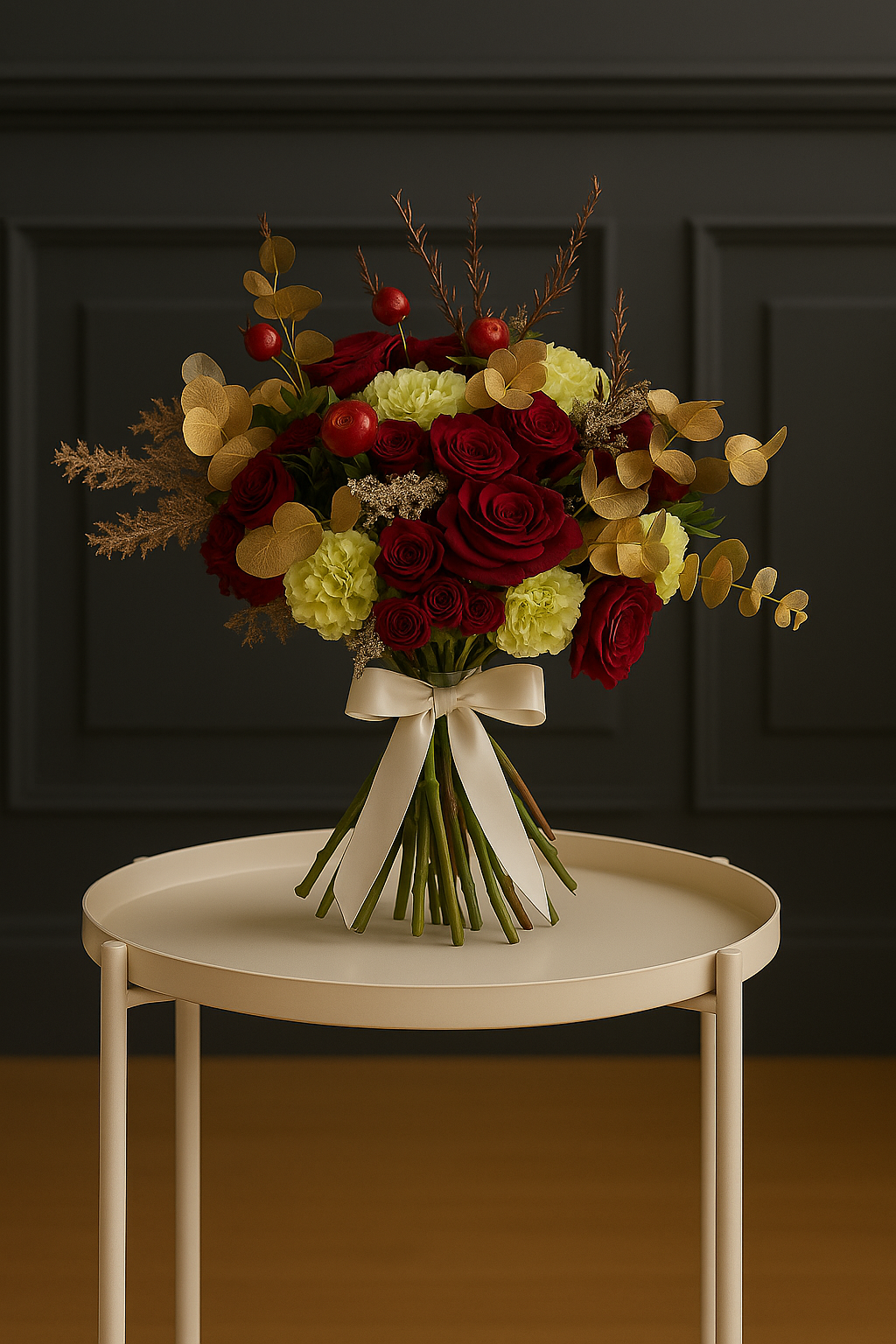 Golden Eve – Festive Red Rose & Carnation Bouquet