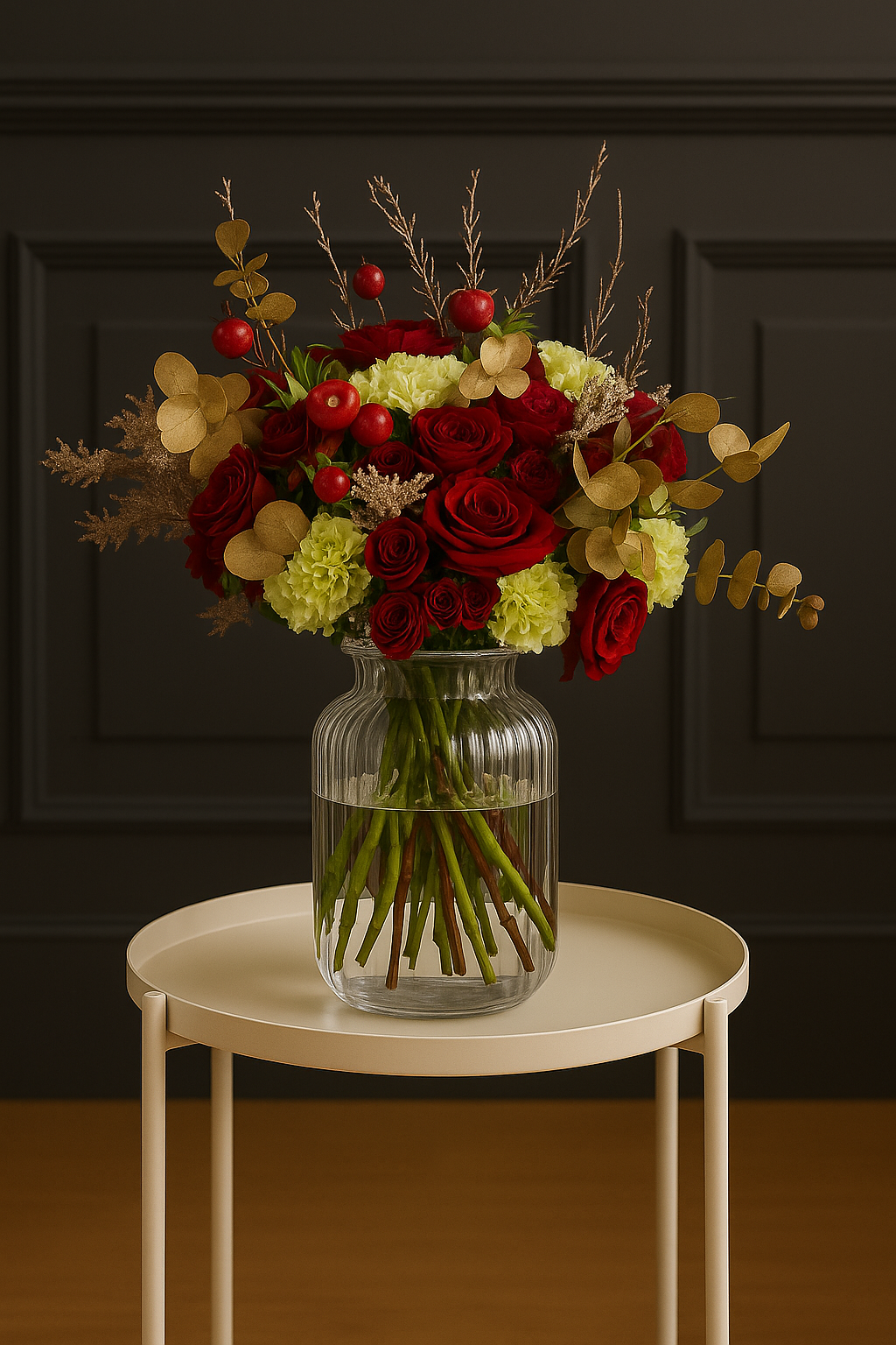 Golden Eve – Festive Red Rose & Carnation Bouquet