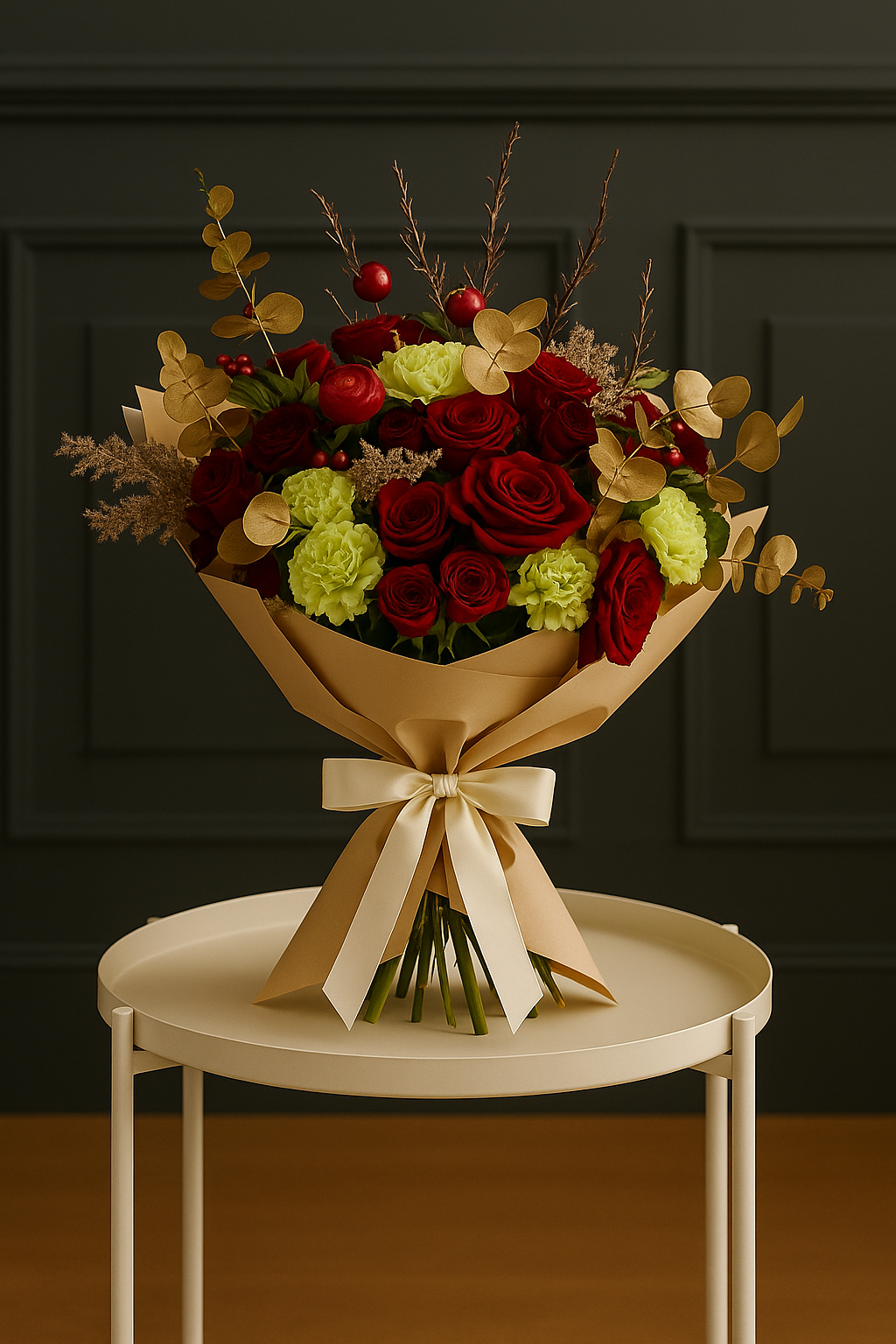 Golden Eve – Festive Red Rose & Carnation Bouquet