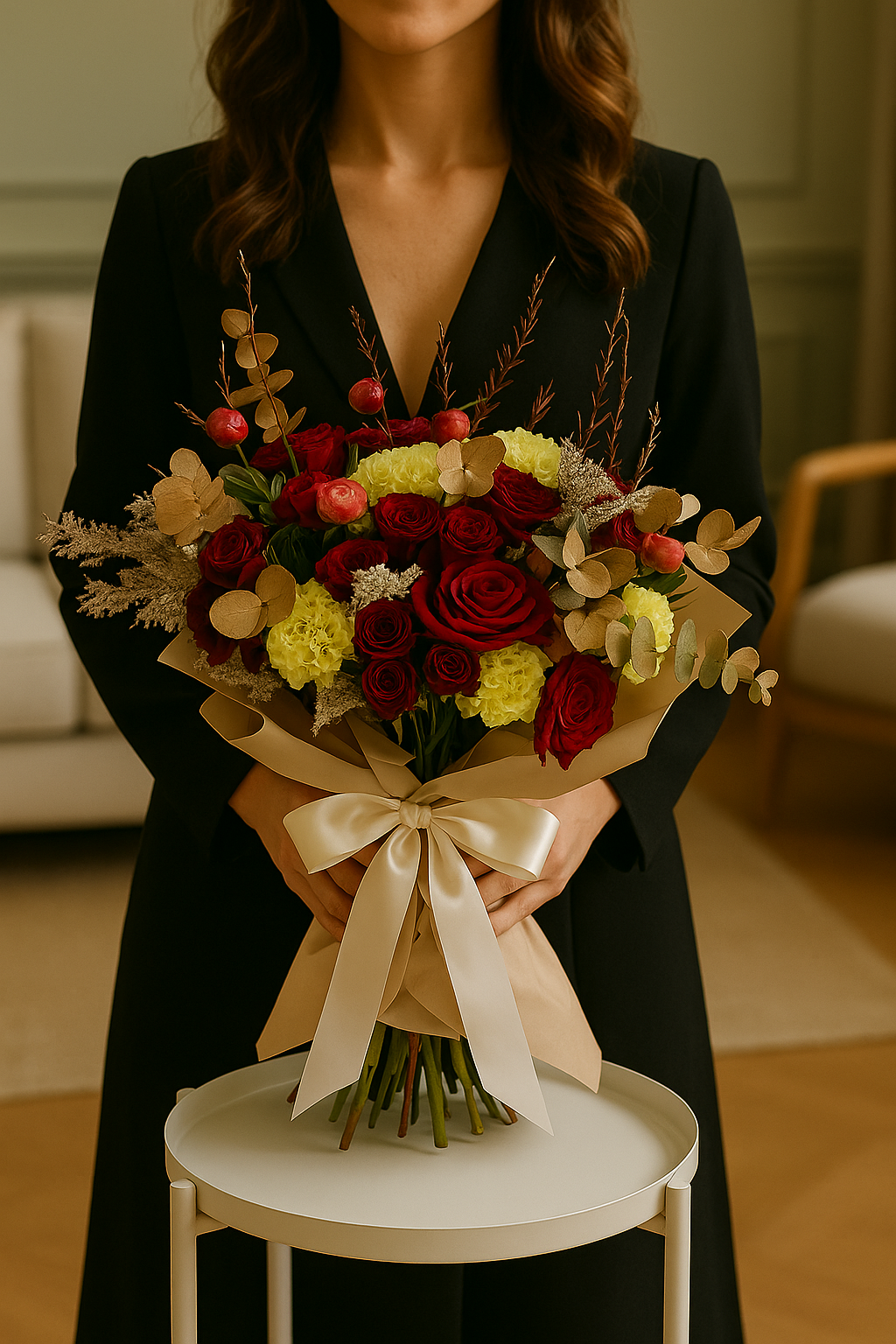 Golden Eve – Festive Red Rose & Carnation Bouquet
