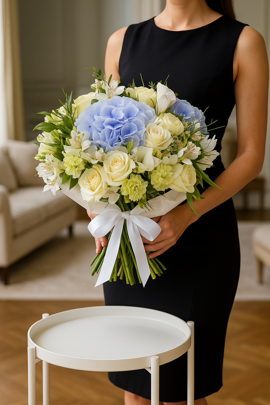 Blue Serenity – Hydrangea & White Rose Bouquet
