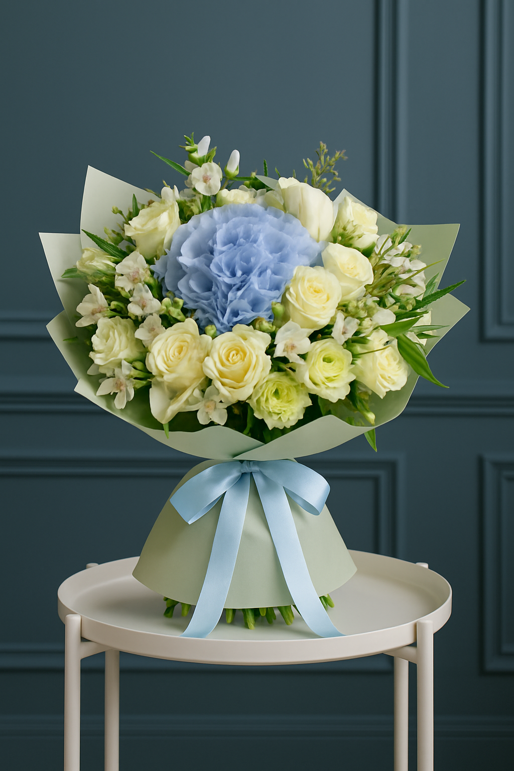 Blue Serenity – Hydrangea & White Rose Bouquet