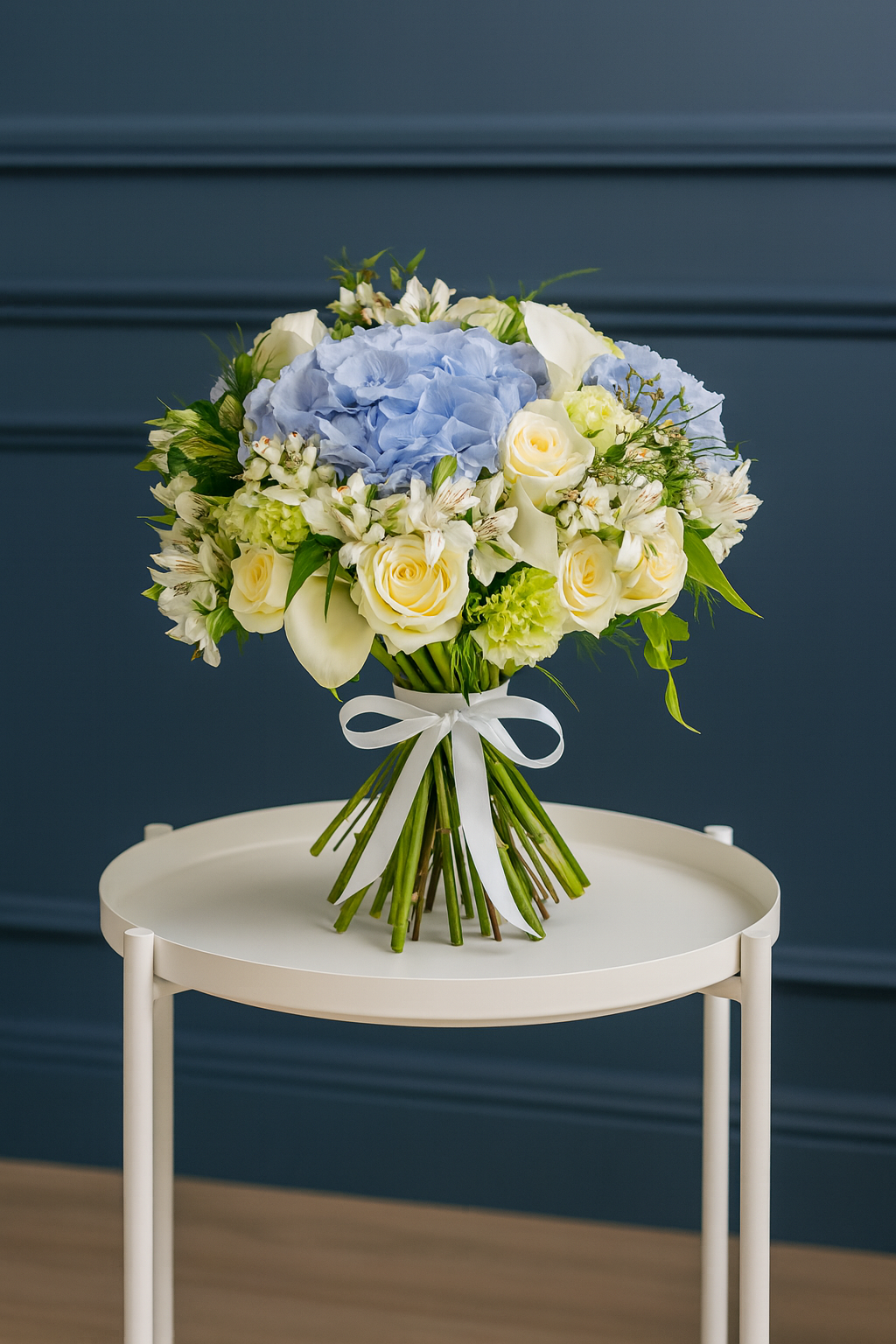 Blue Serenity – Hydrangea & White Rose Bouquet