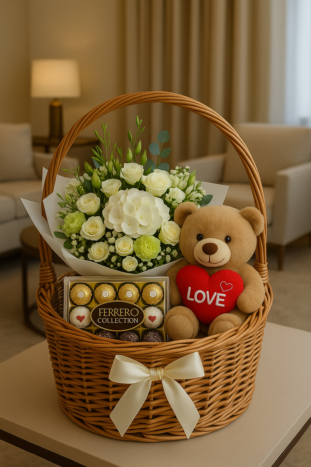 Luxury Gift Hamper with Fresh Flower Bouquet, Teddy & Ferrero Chocolates
