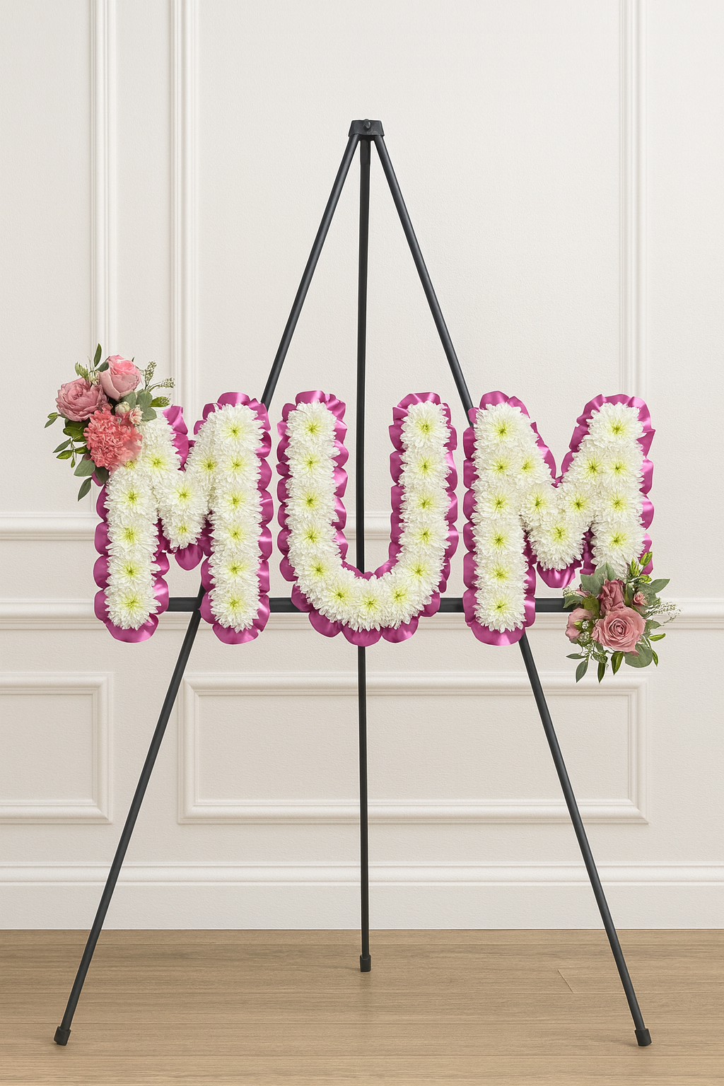 MUM Funeral Flower Tribute – White Chrysanthemum Letters with Pink Accent