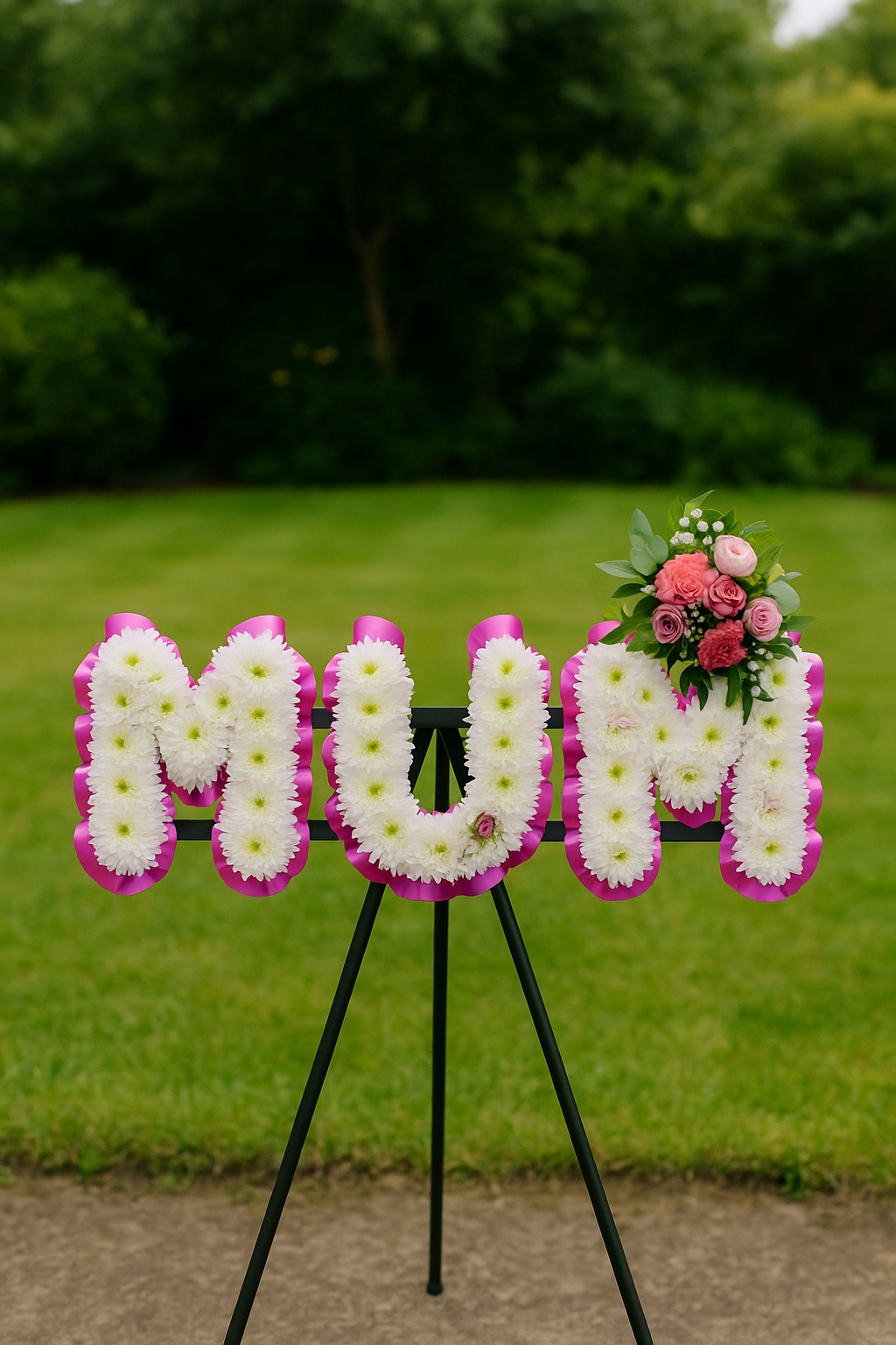 MUM Funeral Flower Tribute – White Chrysanthemum Letters with Pink Accent