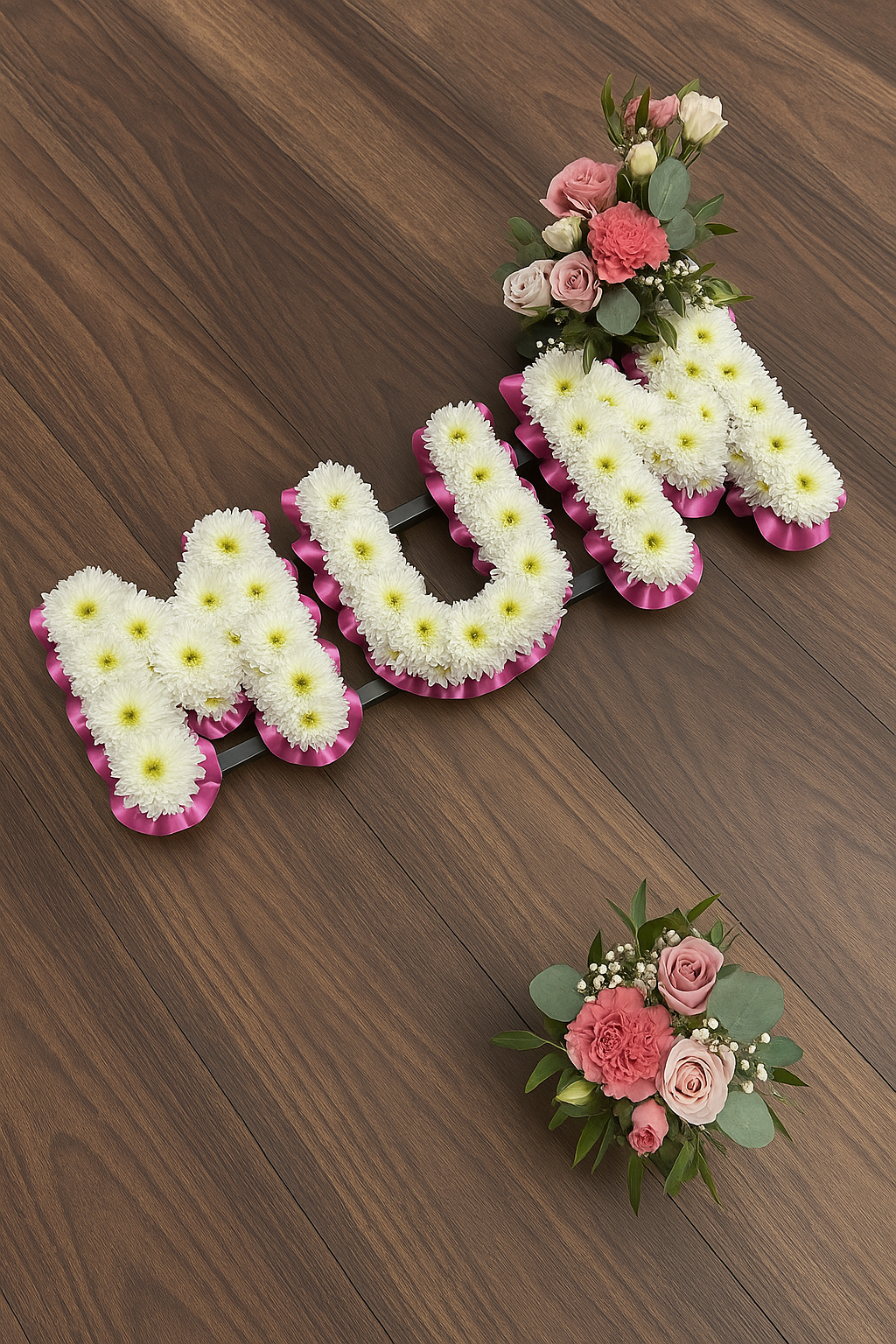 MUM Funeral Flower Tribute – White Chrysanthemum Letters with Pink Accent