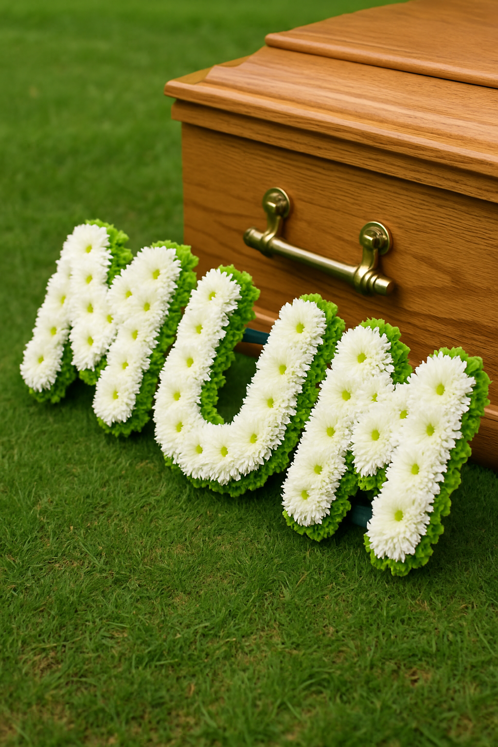 MUM Funeral Flower Tribute – White Chrysanthemum Letters with Pink Accent