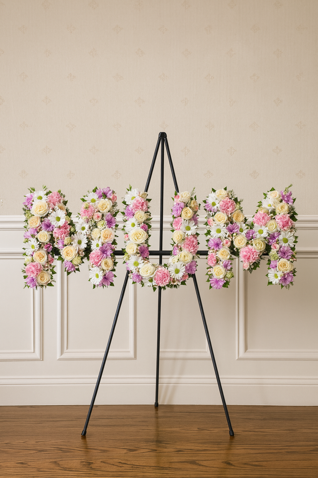MUM Funeral Flower Tribute – Pastel Roses, Carnations & Chrysanthemum Letters