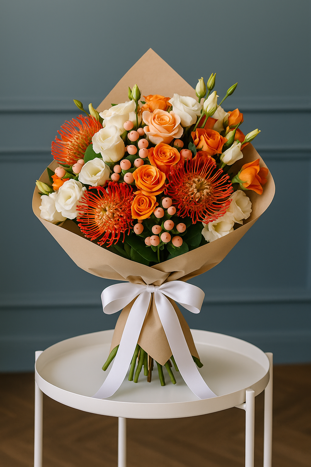 Tropical Flame – Orange Protea & Rose Bouquet