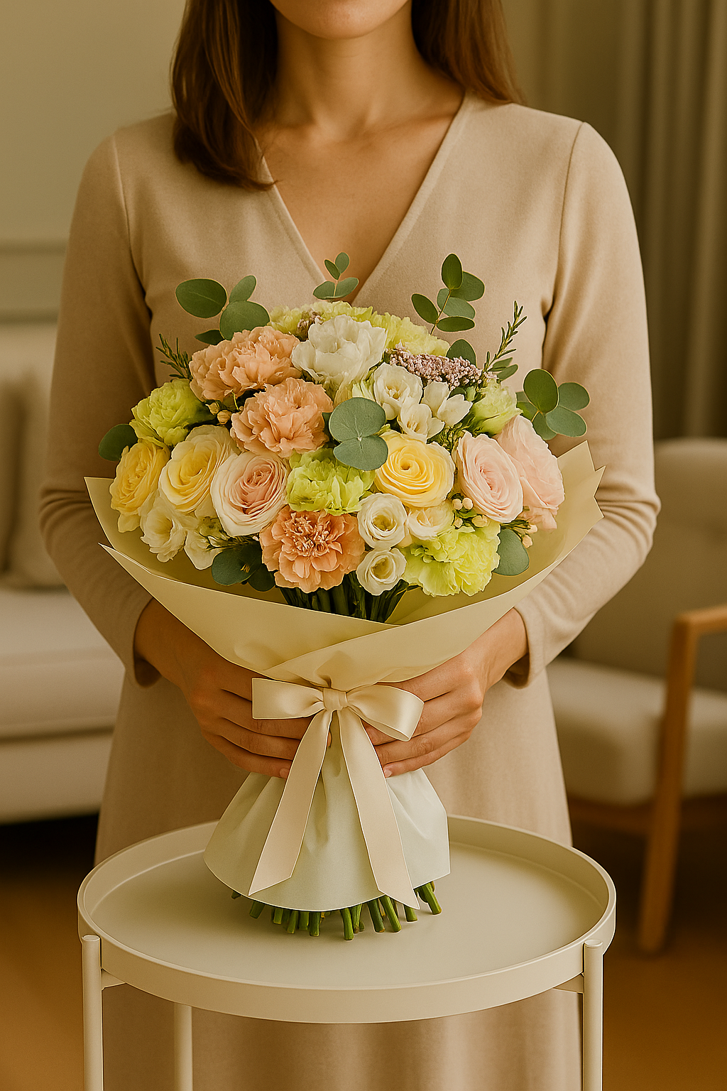 Sunlit Serenity – Pastel Rose & Lisianthus Bouquet