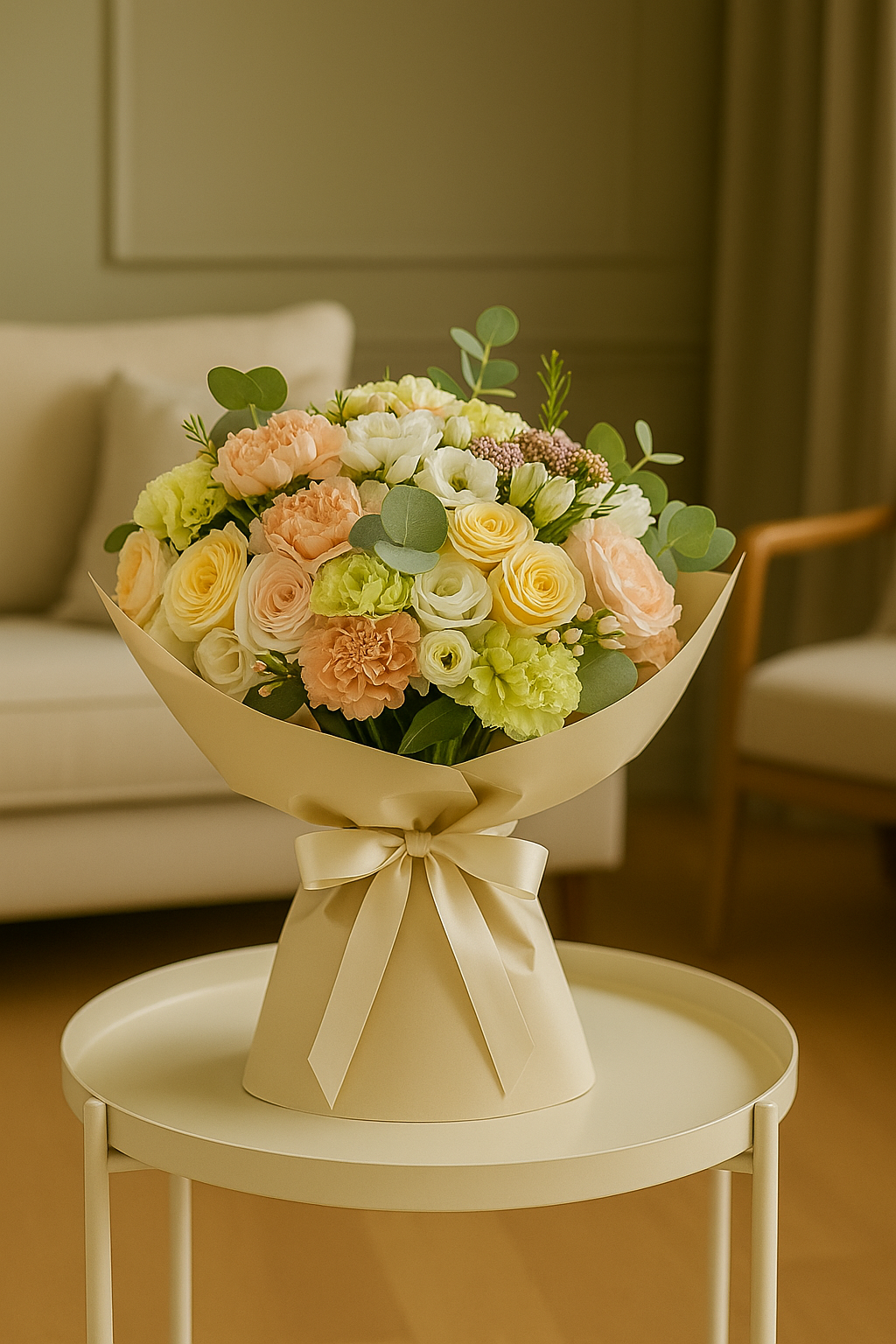 Sunlit Serenity – Pastel Rose & Lisianthus Bouquet