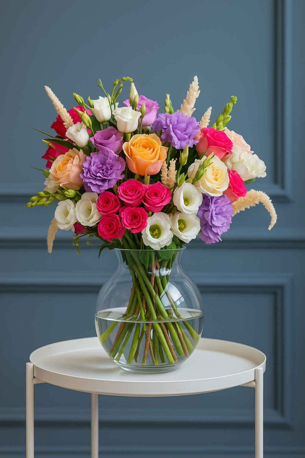 Peach Rose, Pink Spray & Purple Carnation Bouquet