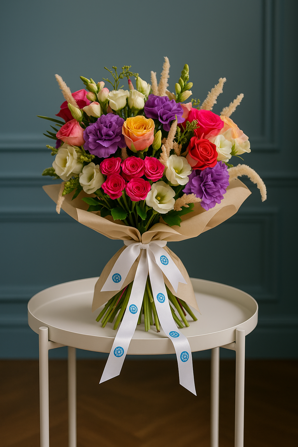Peach Rose, Pink Spray & Purple Carnation Bouquet