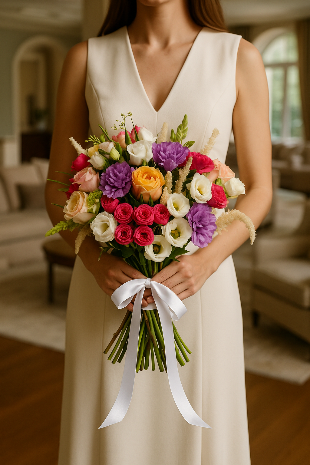 Peach Rose, Pink Spray & Purple Carnation Bouquet