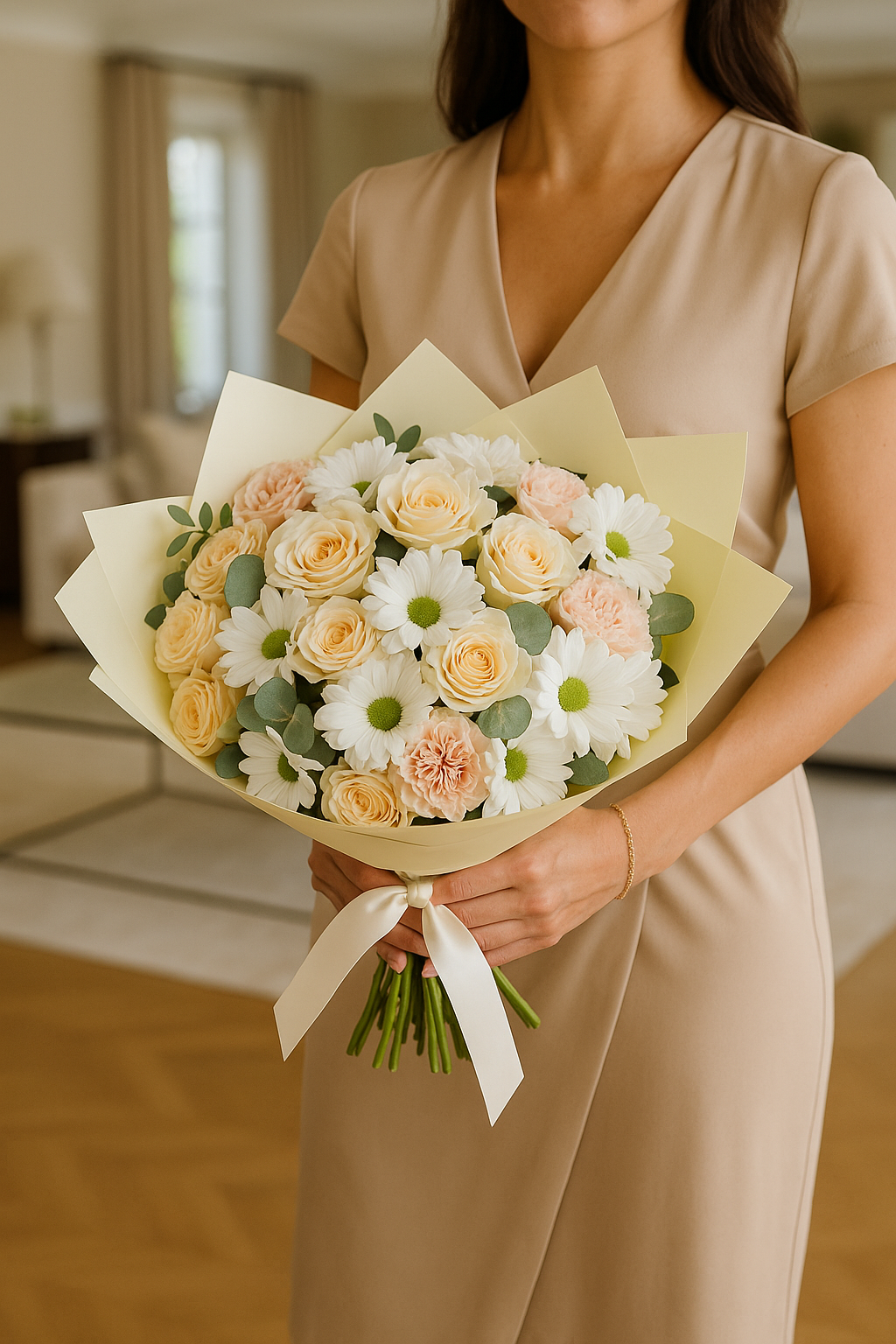 Peach Rose, White Daisy & Pink Carnation Bouquet