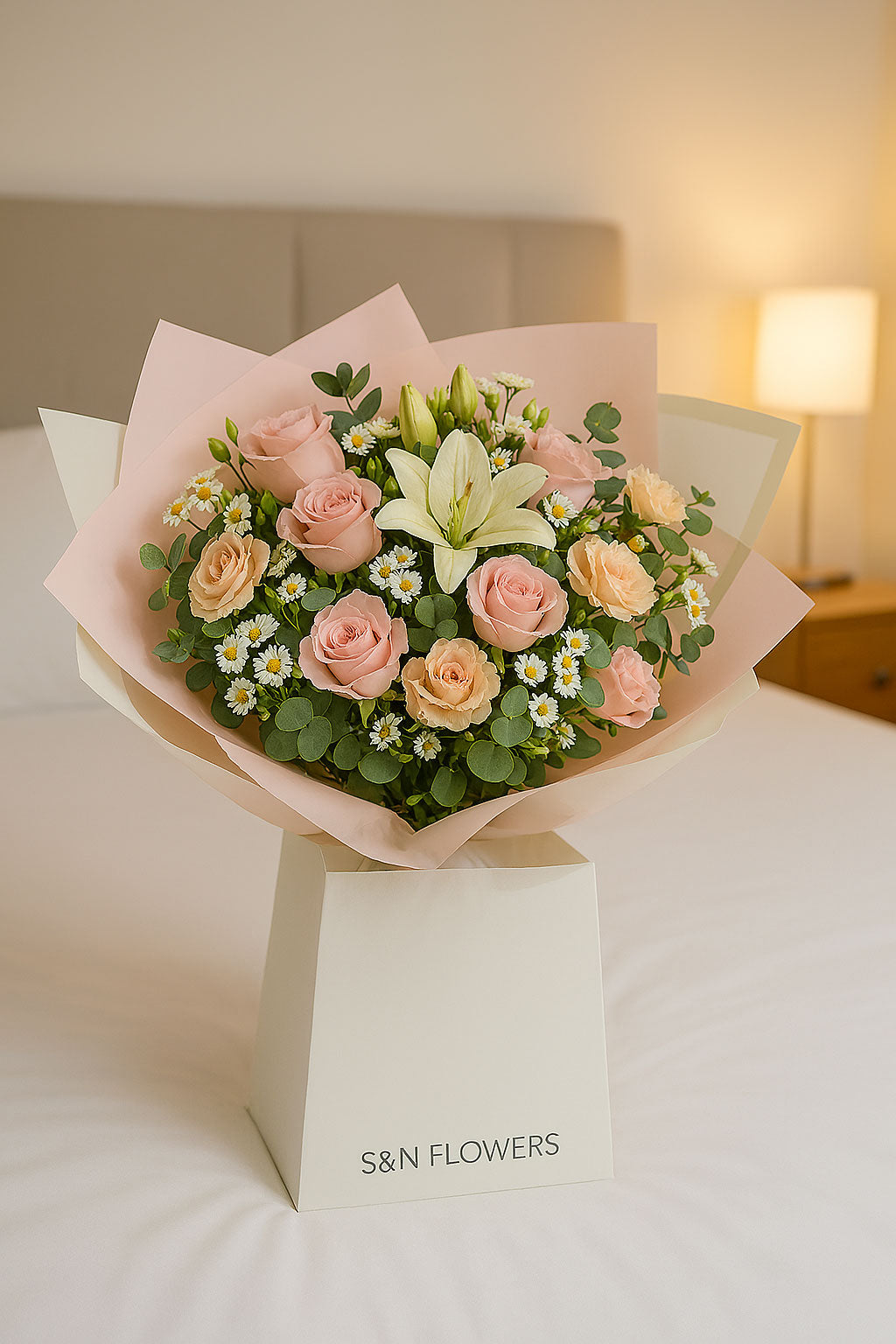 Peach & Pearl Rose and Lily Flower Bouquet