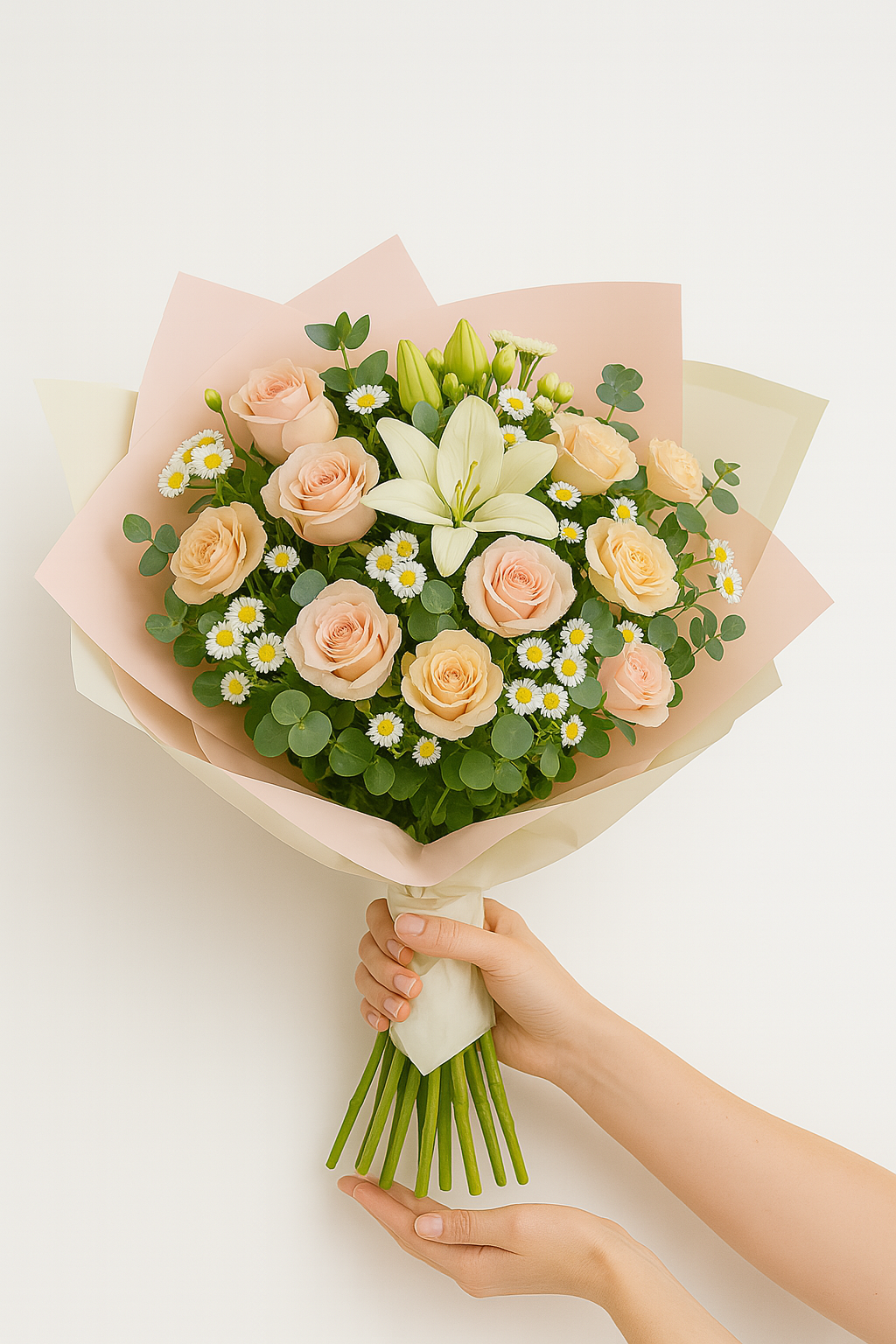 Peach & Pearl Rose and Lily Flower Bouquet