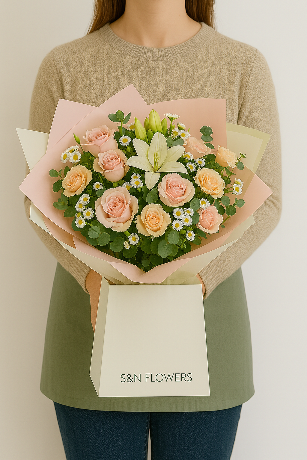 Peach & Pearl Rose and Lily Flower Bouquet