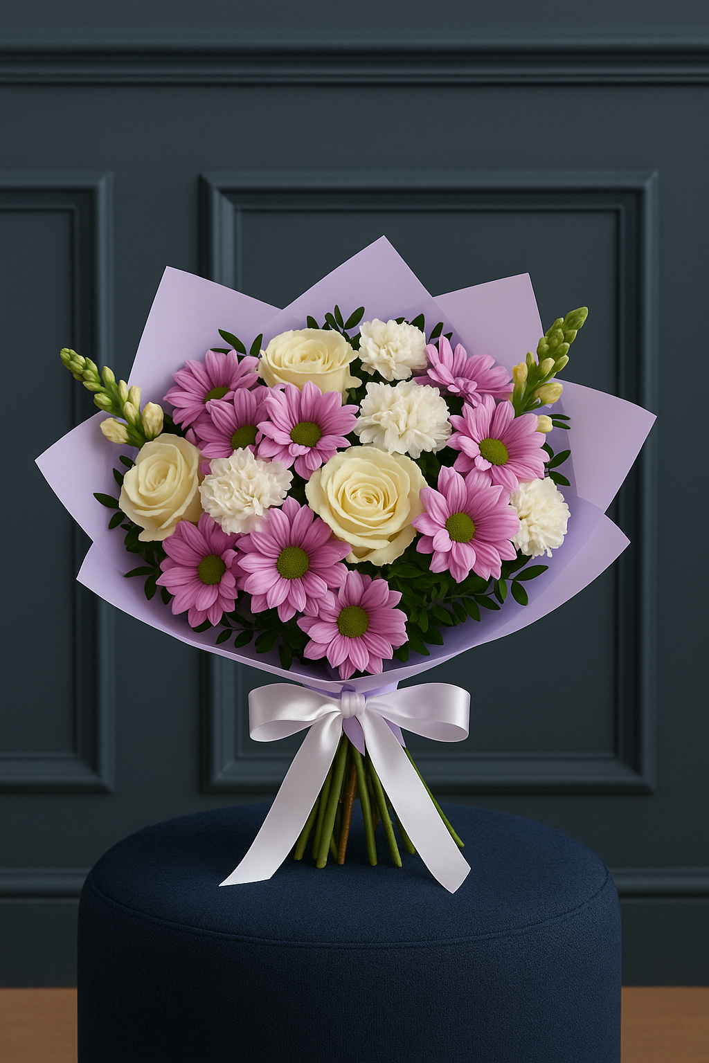 Pink Chrysanthemum, White Rose & Carnation Bouquet