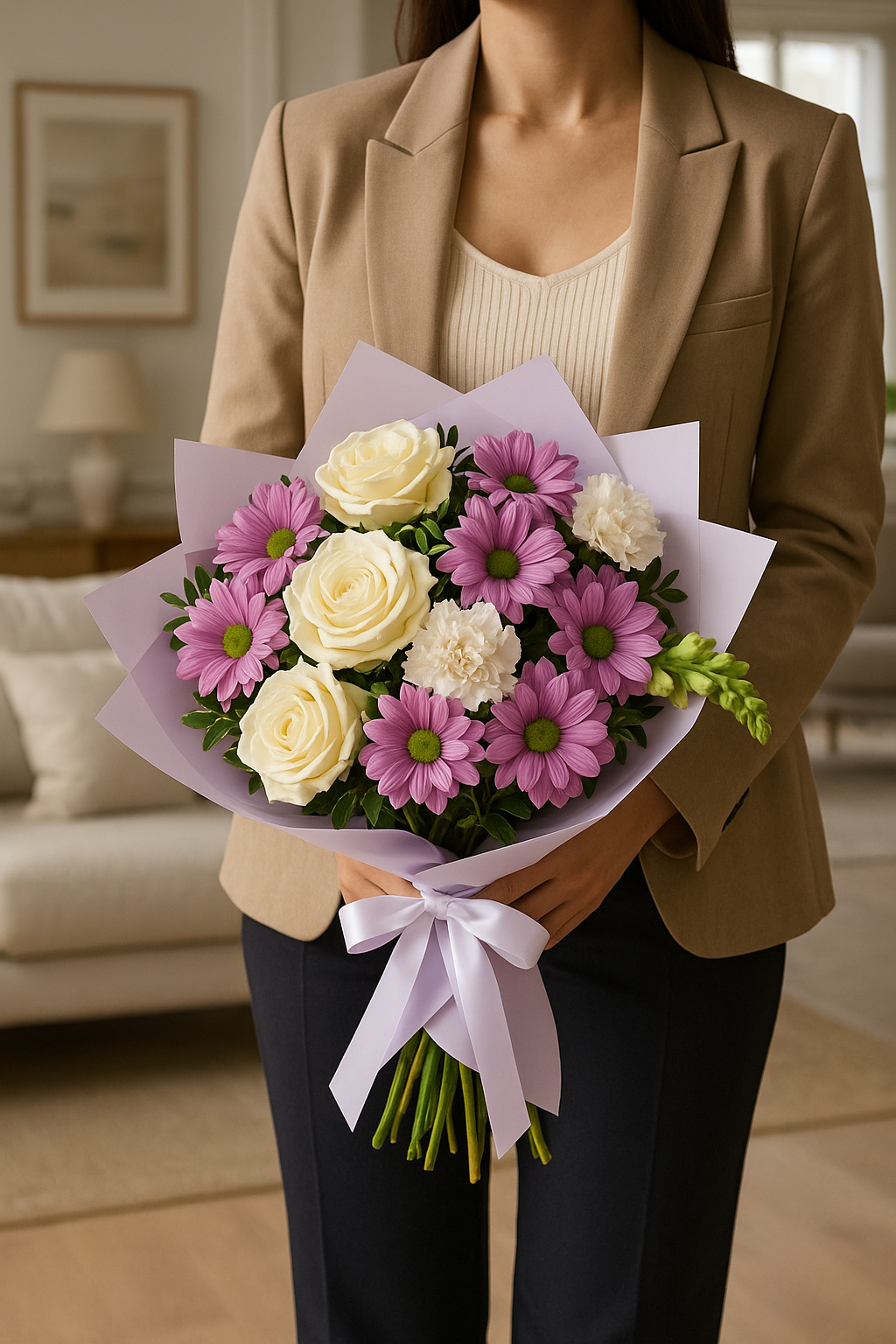 Pink Chrysanthemum, White Rose & Carnation Bouquet