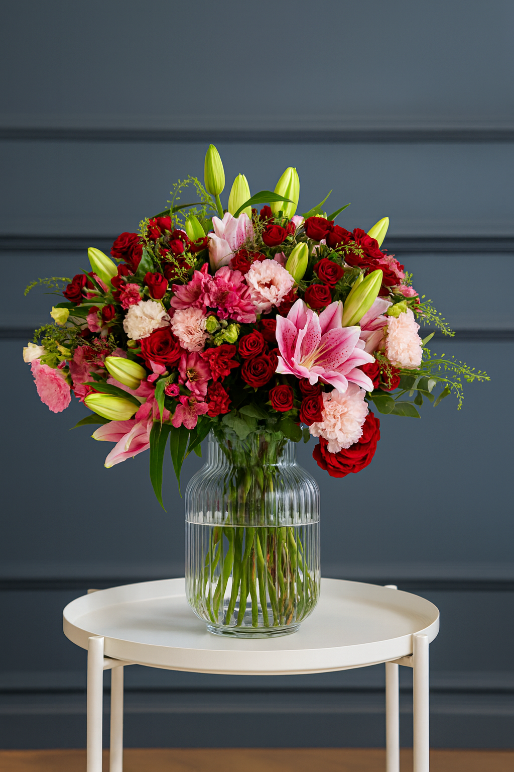 Pink Oriental Lily & Red Rose Bouquet with Carnations