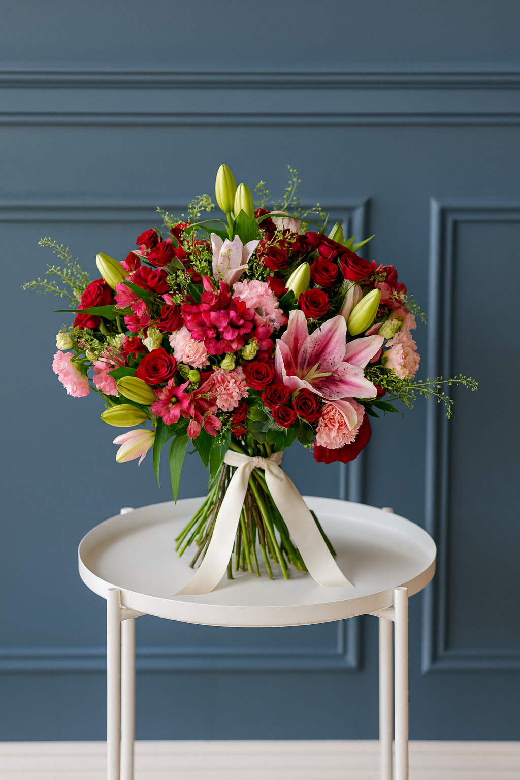 Pink Oriental Lily & Red Rose Bouquet with Carnations