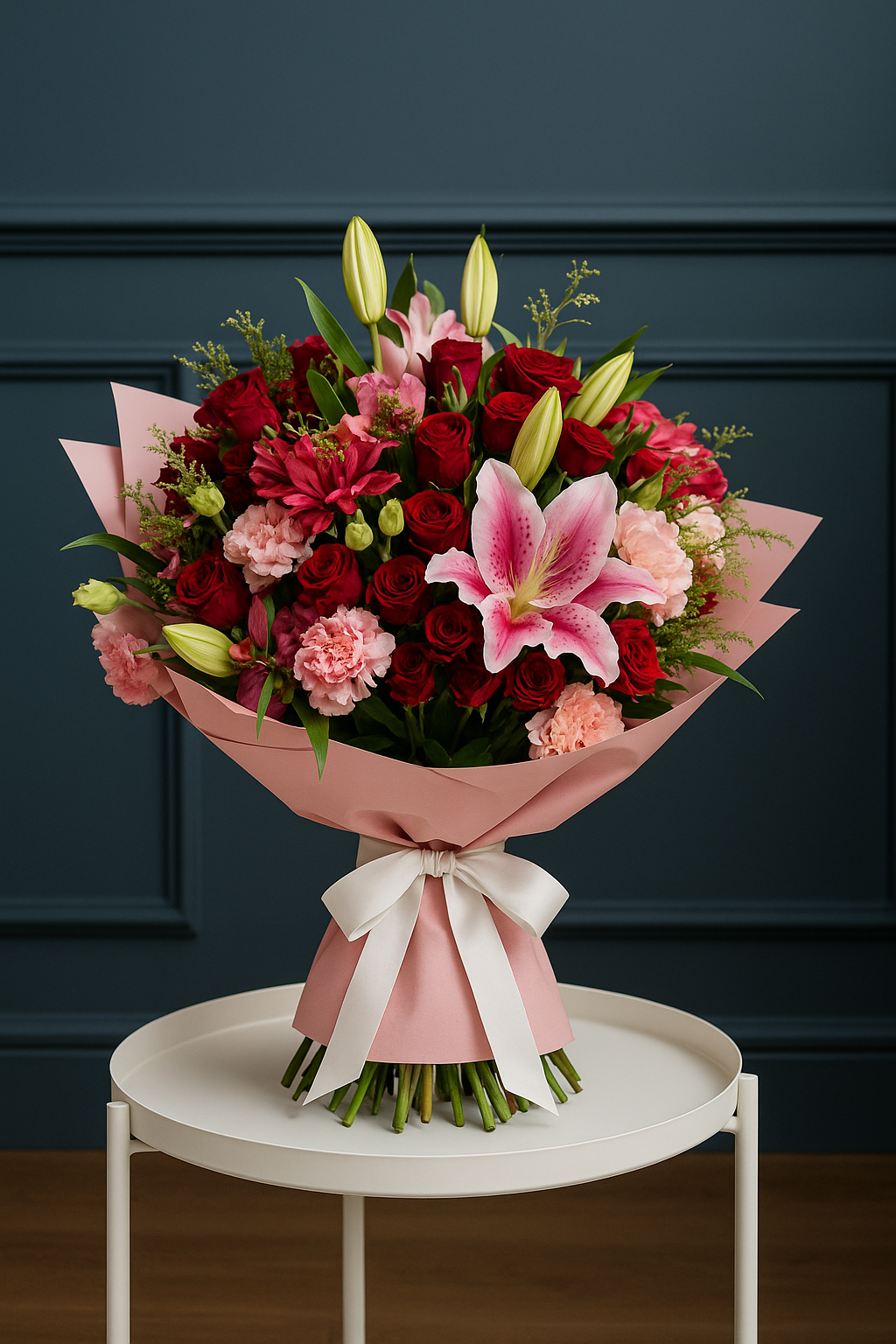 Pink Oriental Lily & Red Rose Bouquet with Carnations