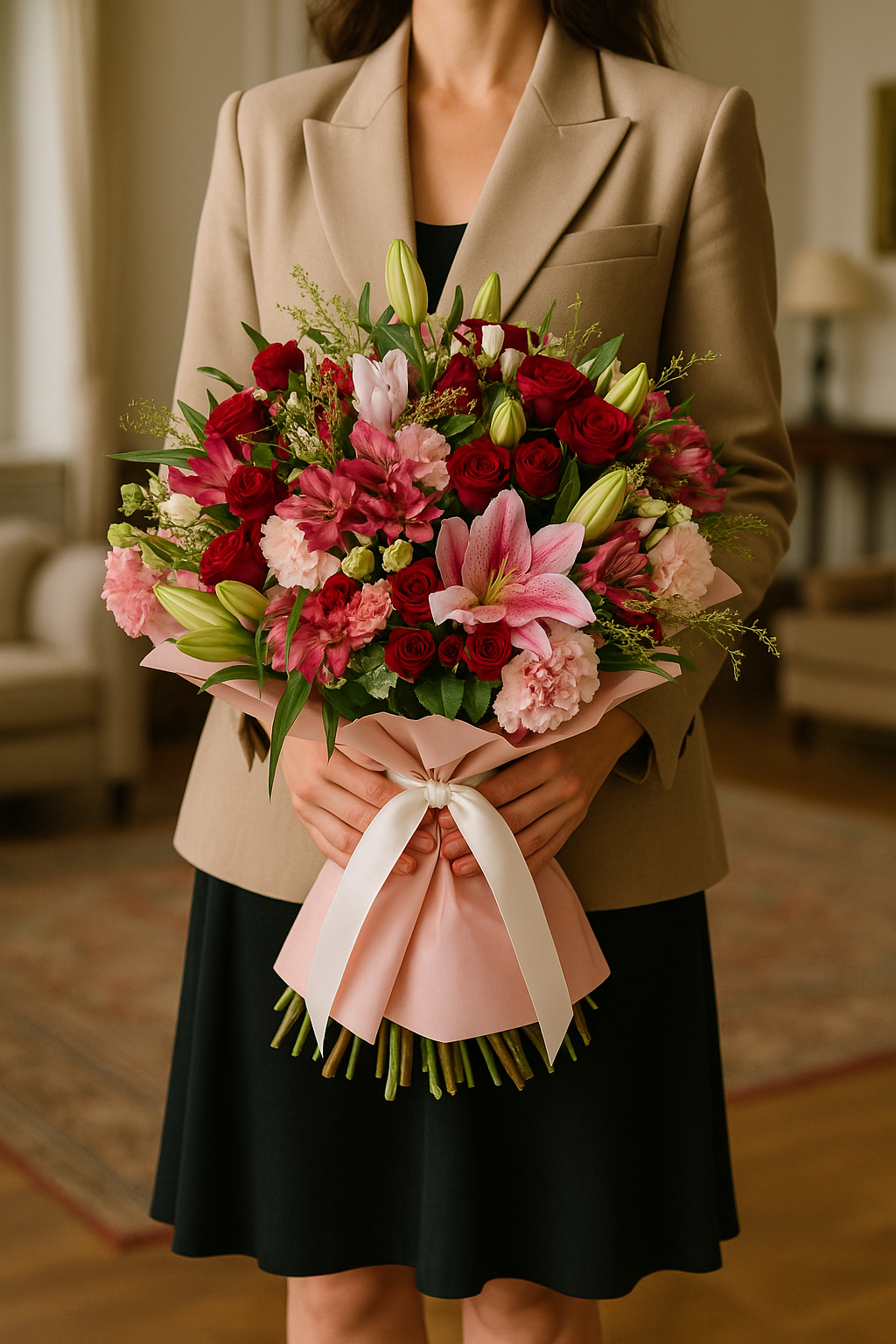 Pink Oriental Lily & Red Rose Bouquet with Carnations