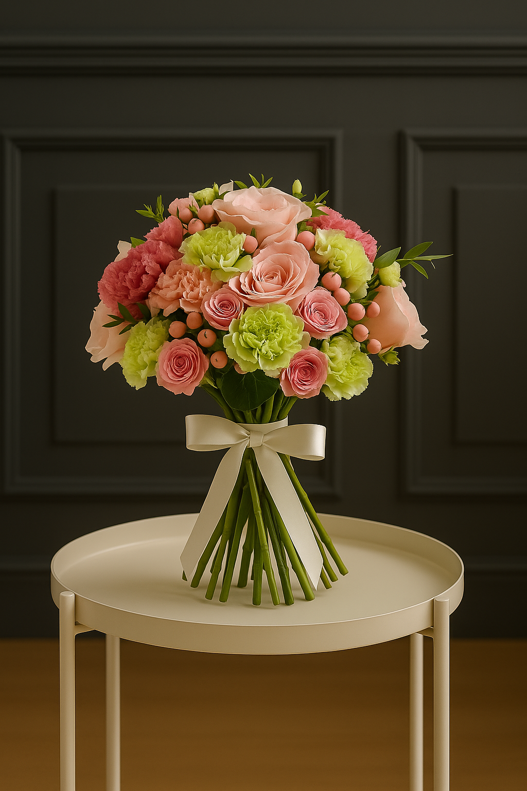 Spring Fizz – Pink Rose & Green Carnation Bouquet