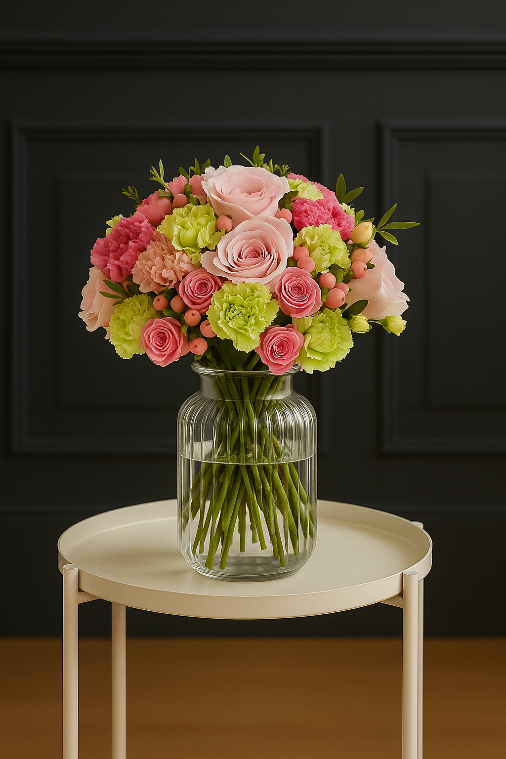 Spring Fizz – Pink Rose & Green Carnation Bouquet