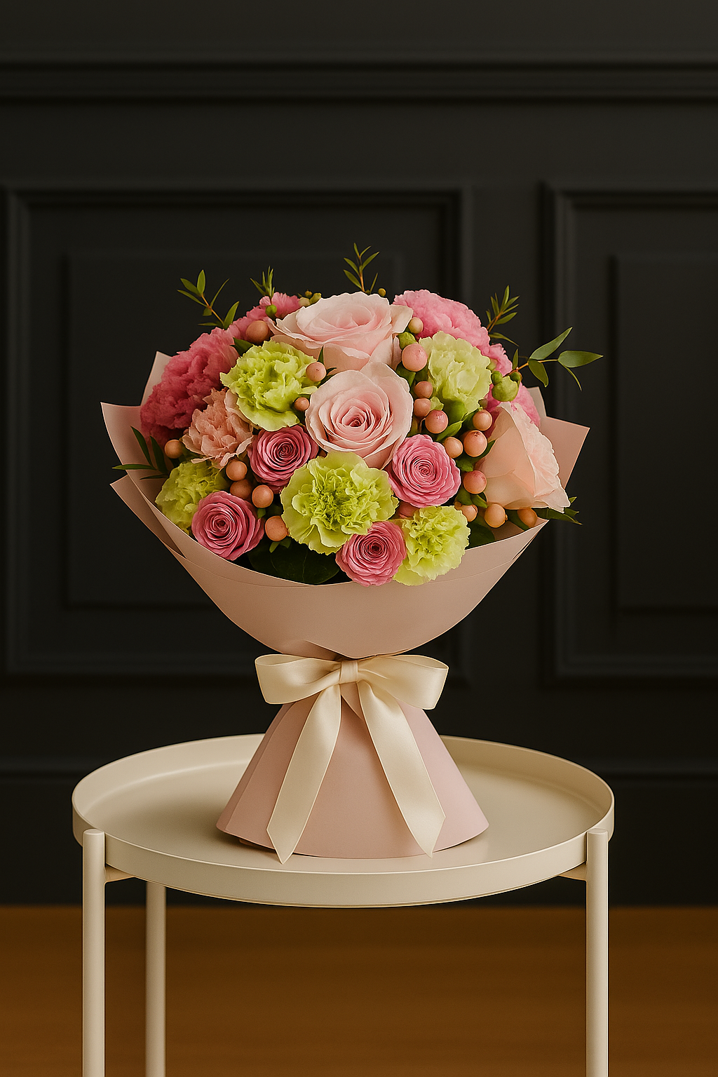 Spring Fizz – Pink Rose & Green Carnation Bouquet