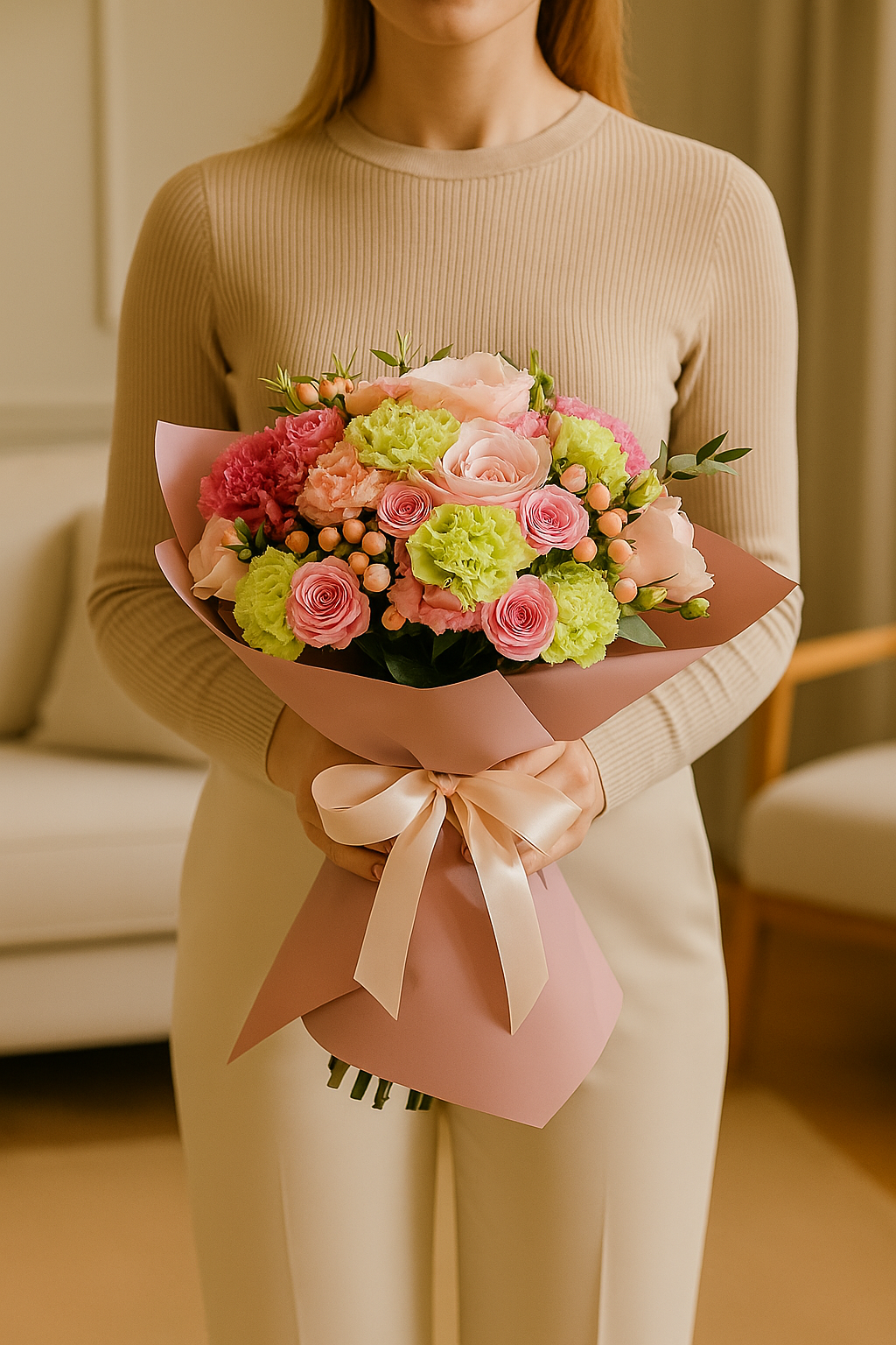 Spring Fizz – Pink Rose & Green Carnation Bouquet