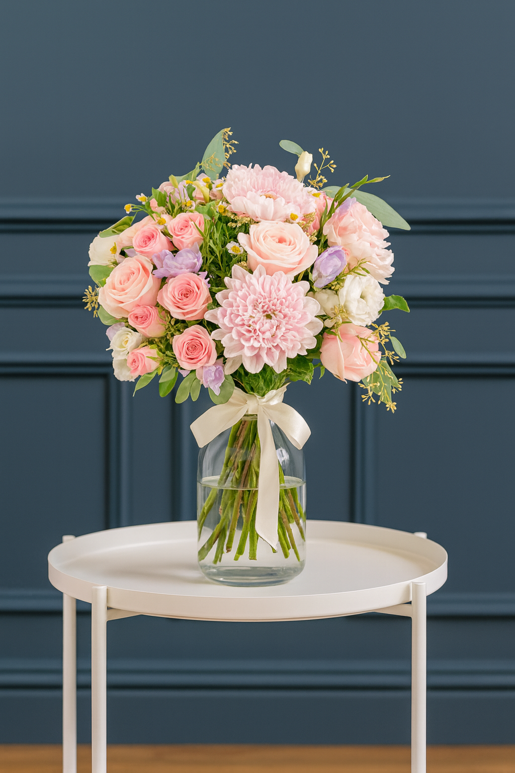 Blush Elegance – Pink Roses, Chrysanthemums & Lisianthus Bouquet