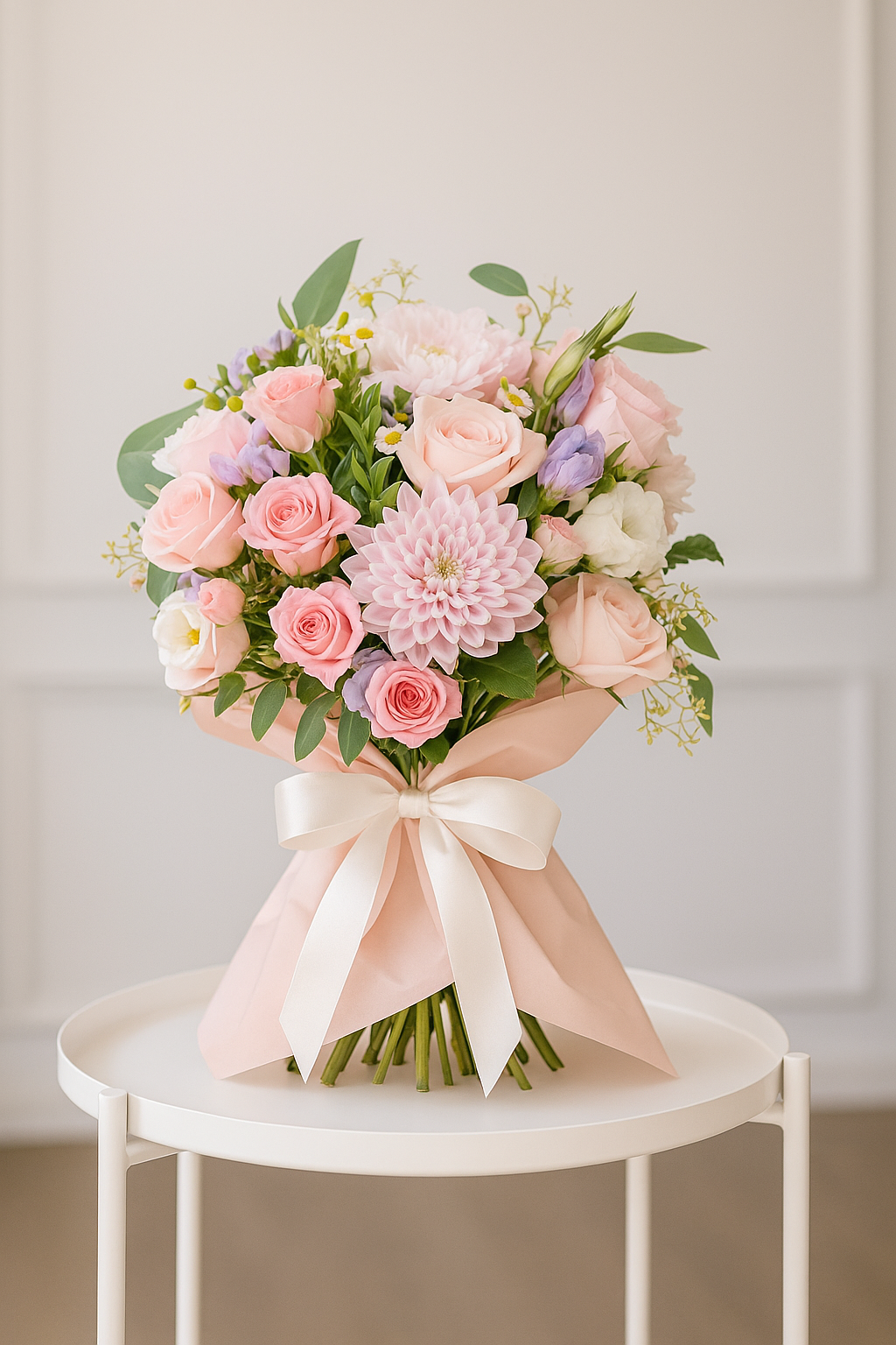 Blush Elegance – Pink Roses, Chrysanthemums & Lisianthus Bouquet