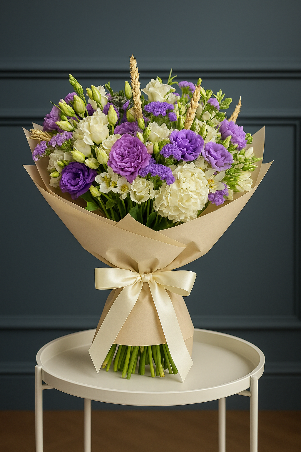 Purple Lisianthus & Carnation Bouquet with White Roses