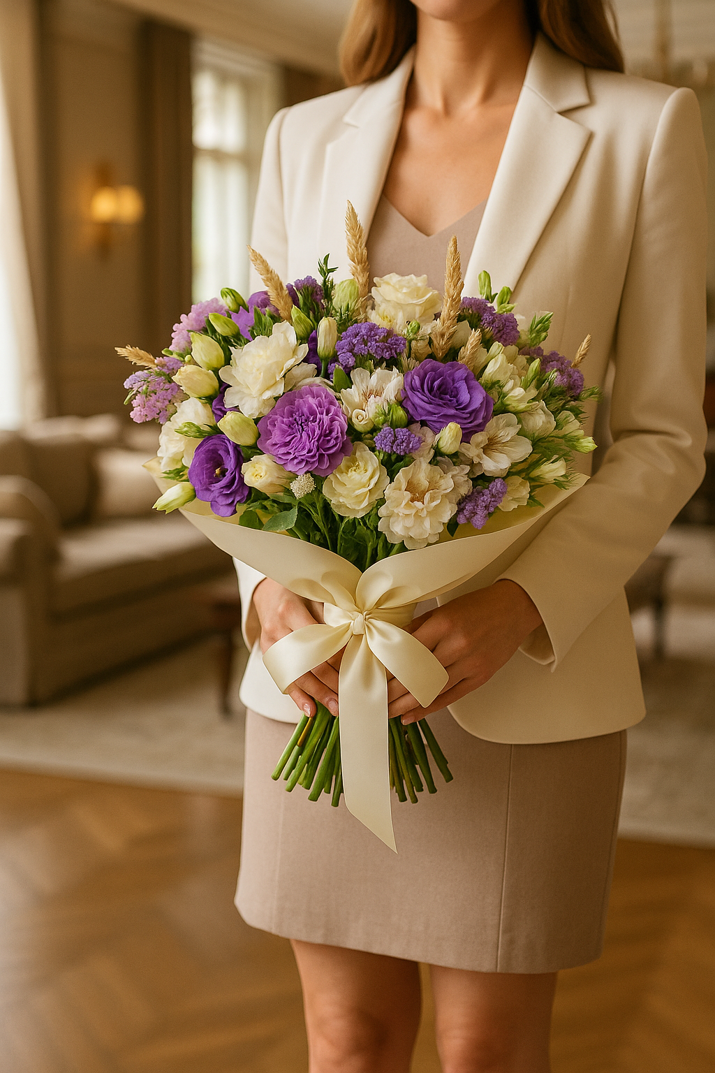 Purple Lisianthus & Carnation Bouquet with White Roses