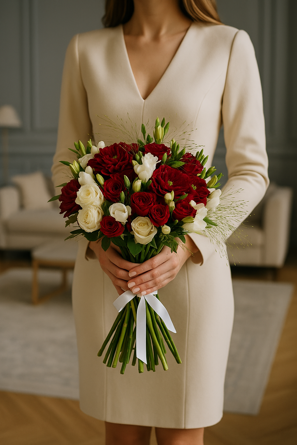 Crimson & Ivory Elegance – Red Dahlias, Roses & Freesia Bouquet