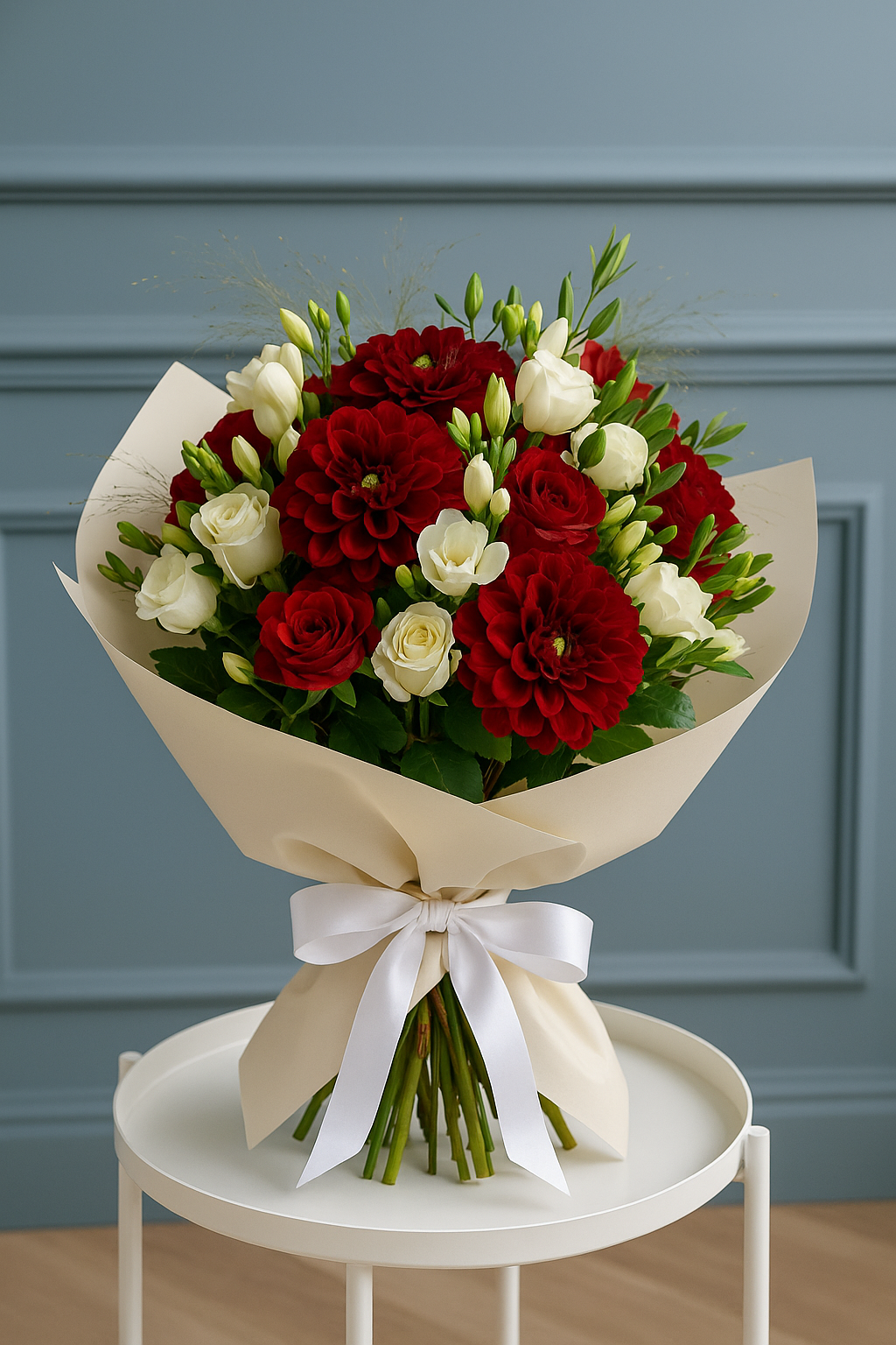 Crimson & Ivory Elegance – Red Dahlias, Roses & Freesia Bouquet