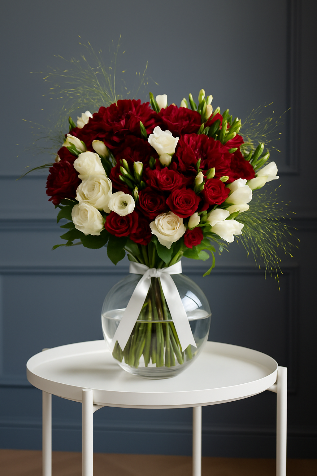 Crimson & Ivory Elegance – Red Dahlias, Roses & Freesia Bouquet