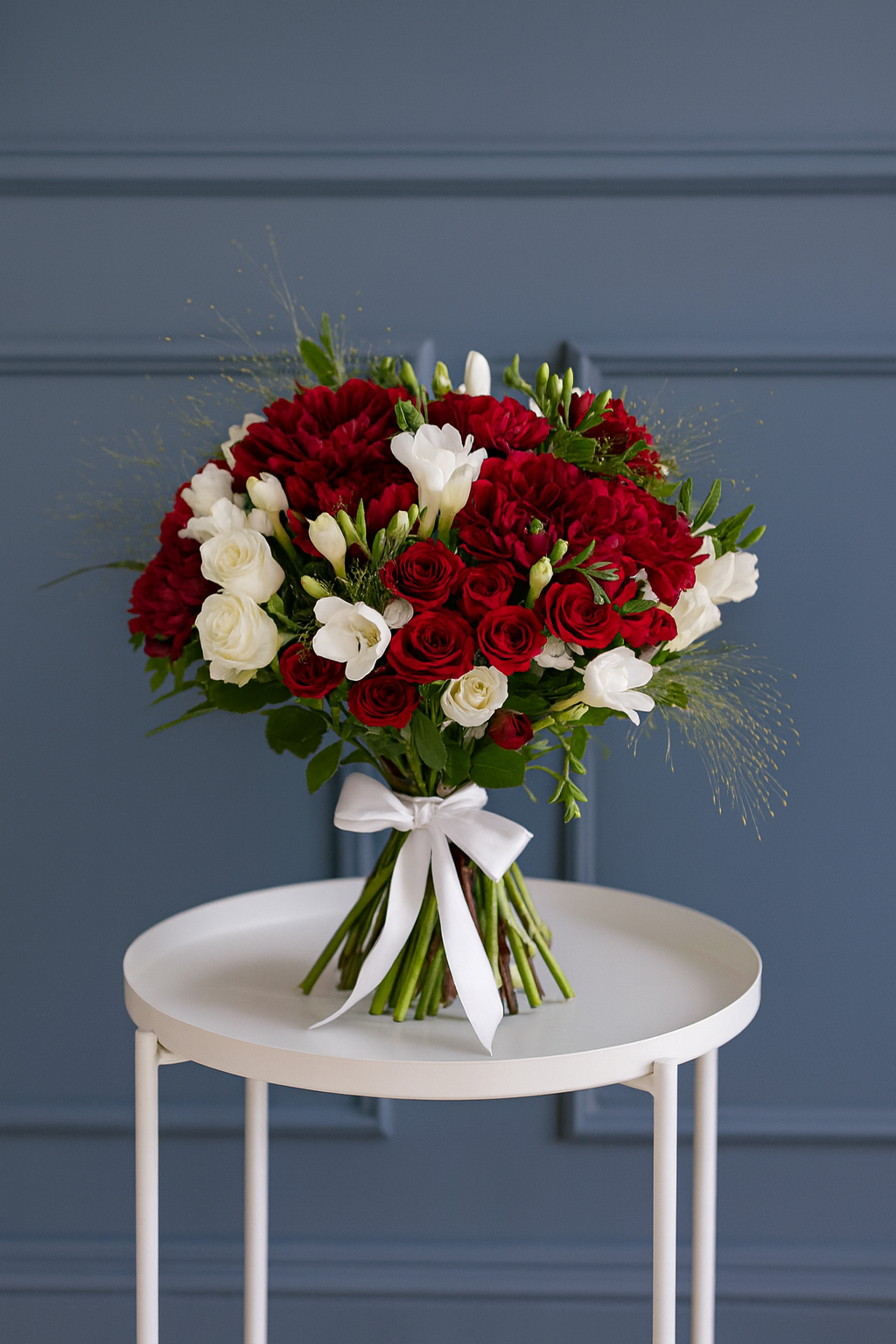 Crimson & Ivory Elegance – Red Dahlias, Roses & Freesia Bouquet