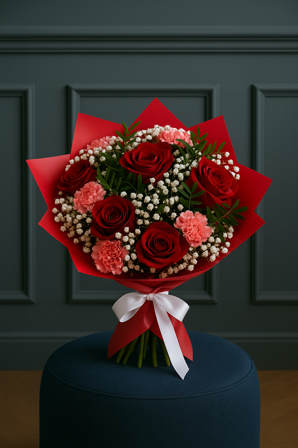 Red Rose, Pink Carnation & Gypsophila Bouquet