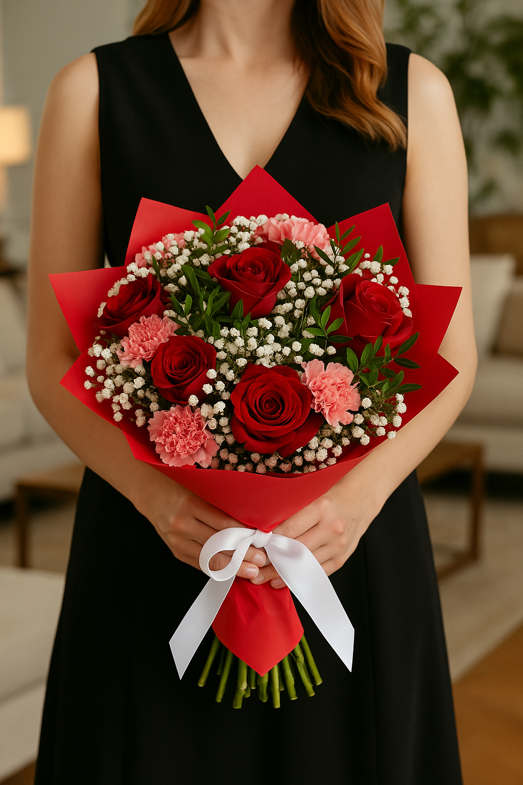 Red Rose, Pink Carnation & Gypsophila Bouquet